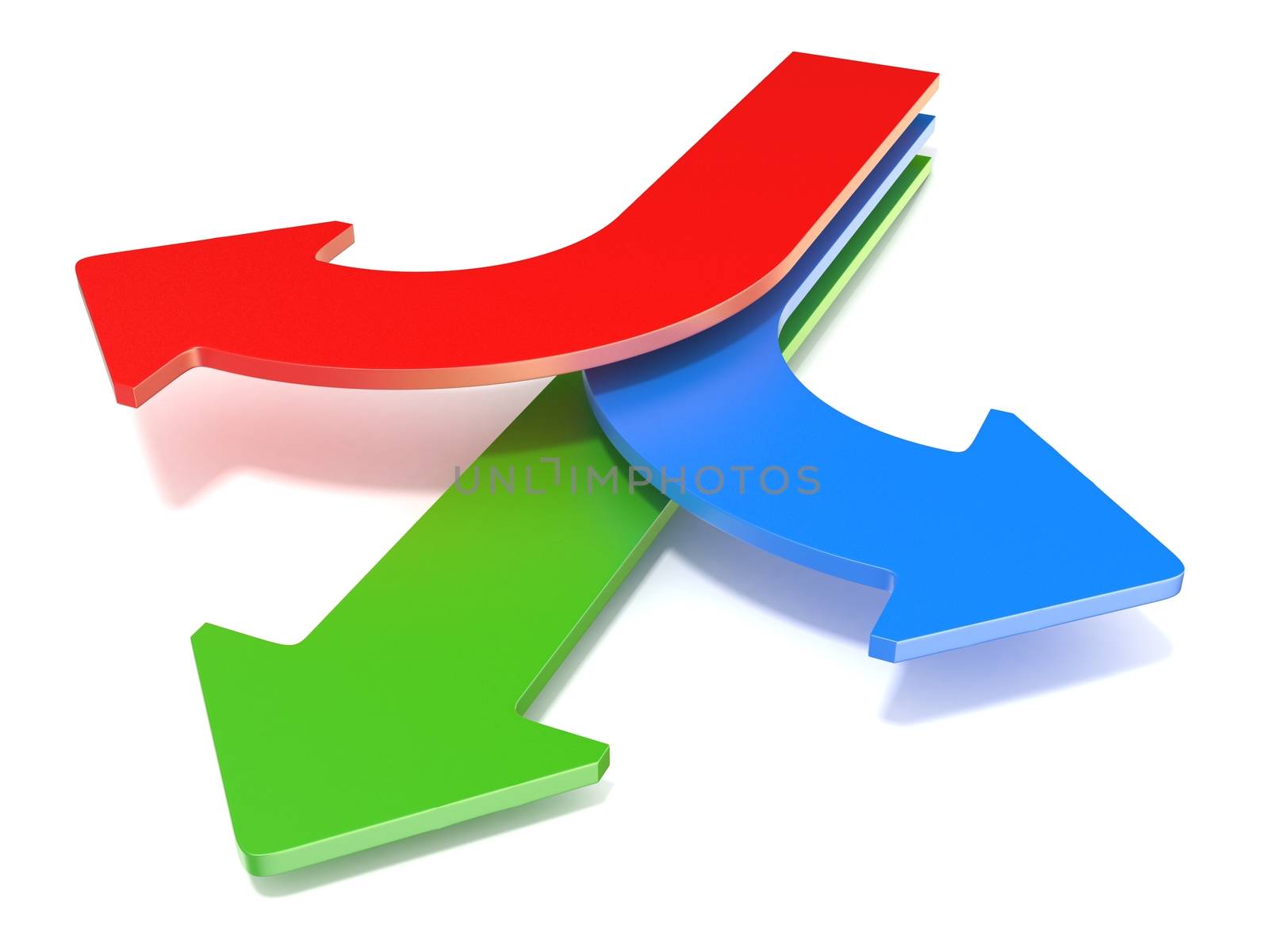 Three way arrows, showing three different directions. Blue left, red right and forward green arrows concept. 3D render illustration isolated on white background