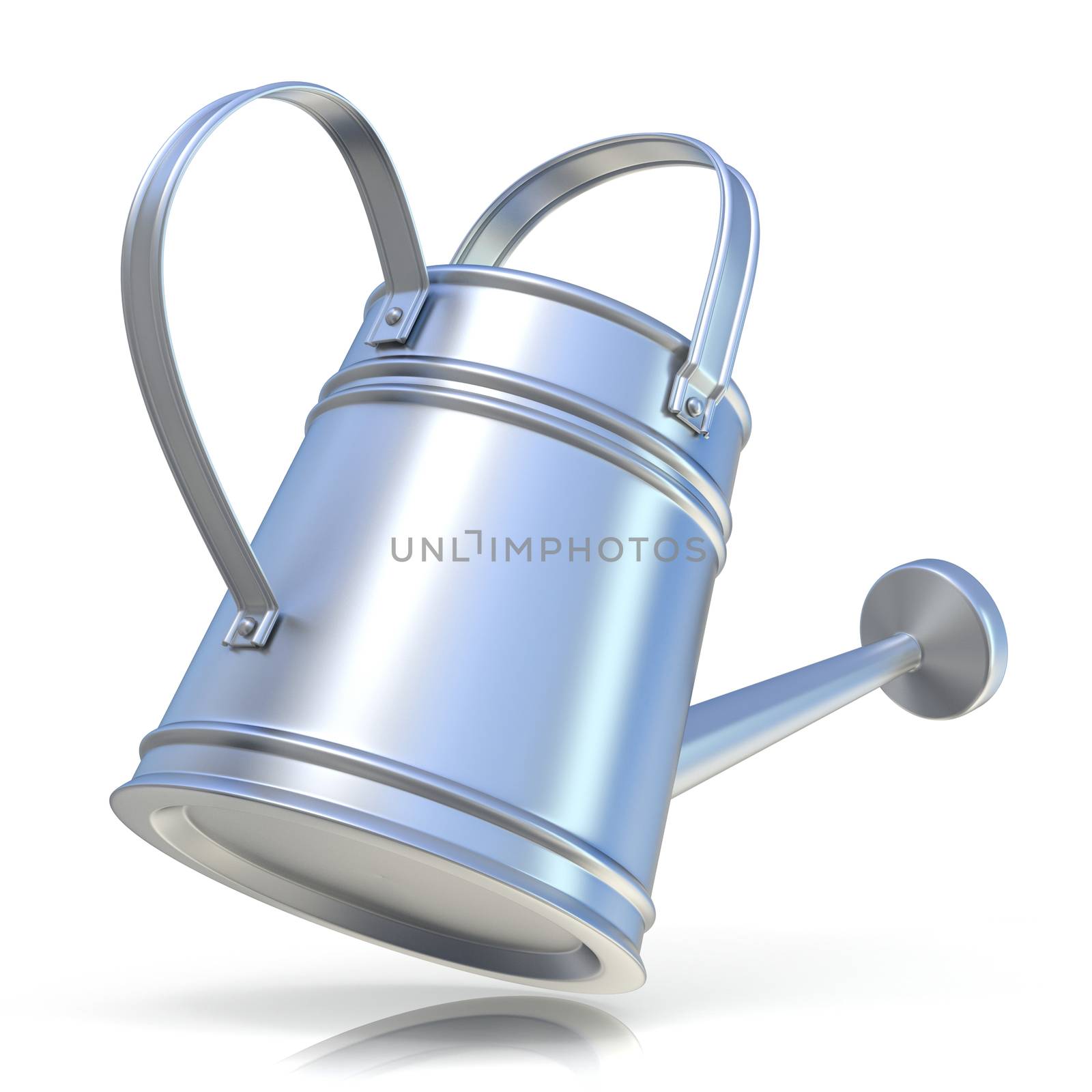 Metal watering can 3D render isolated white background. Back view