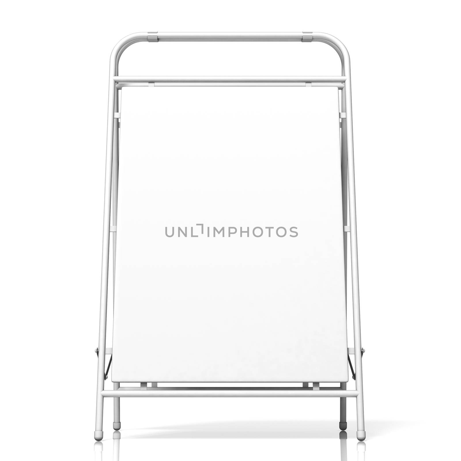 Metal advertising stand, with copy space board. Front view. 3D illustration isolated on white background