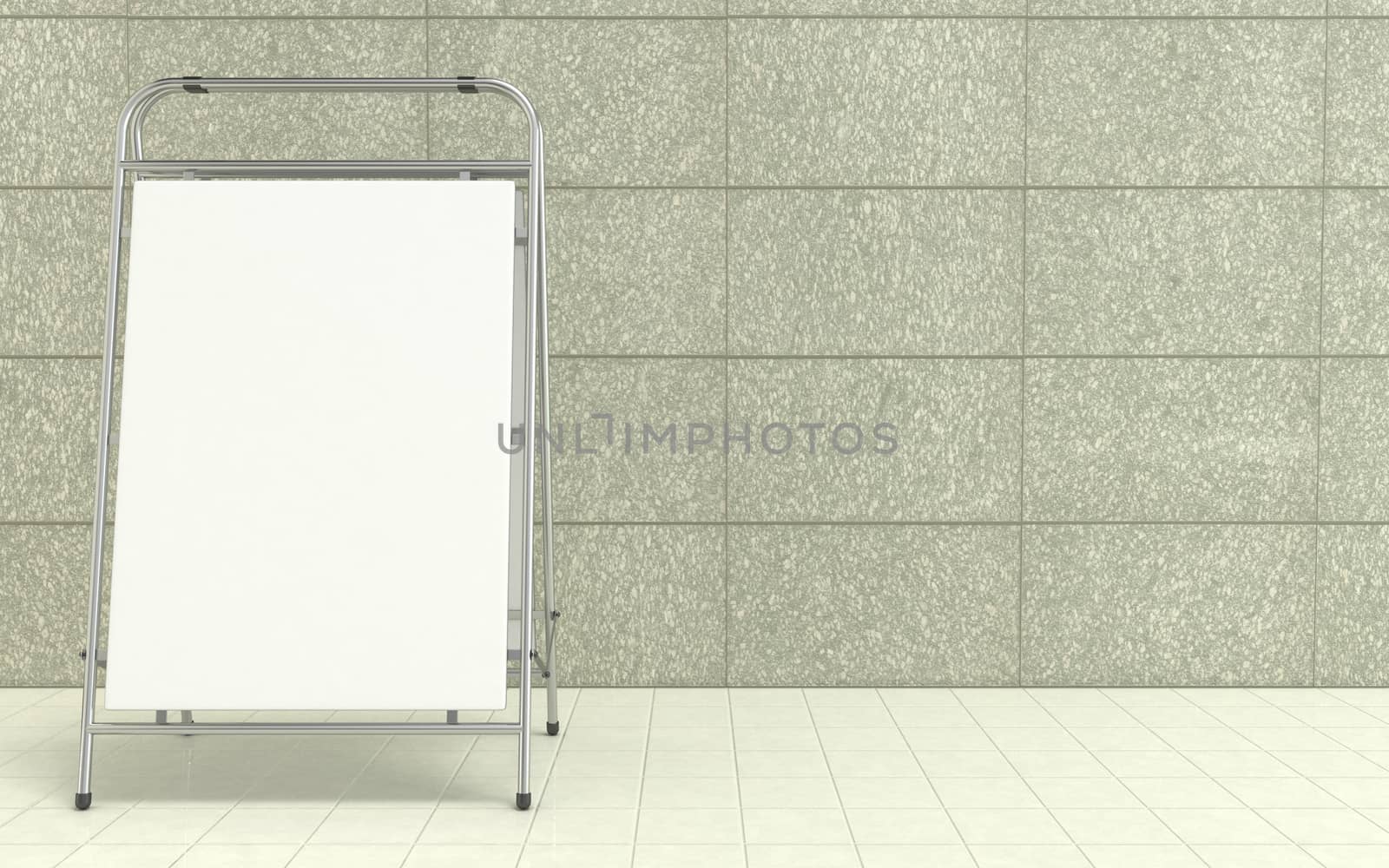 Blank white advertising stand, with copy space board in front of concrete wall. 3D illustration isolated on white background