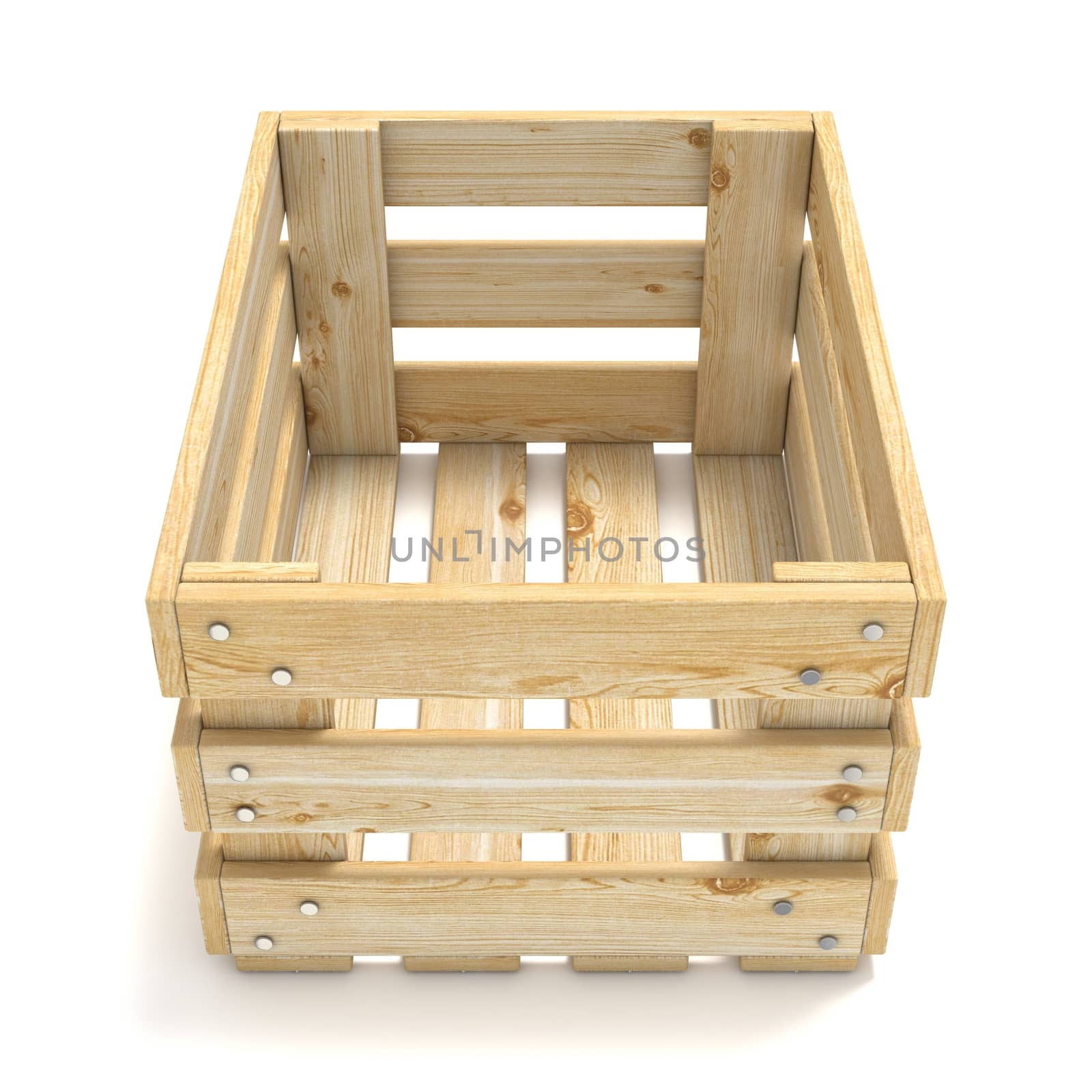 Empty wooden crate. Front view. 3D render illustration isolated on white background