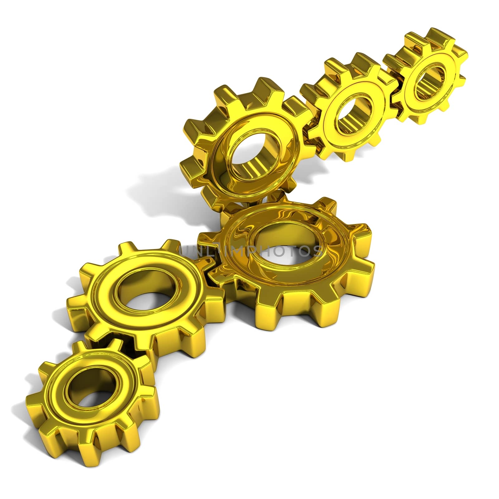 Stacks of metal gear wheels, 3D concept, isolated on white background