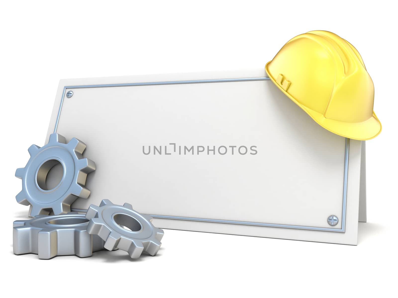 Construction helmet and gear wheels, on blank card. 3D render illustration isolated on white background