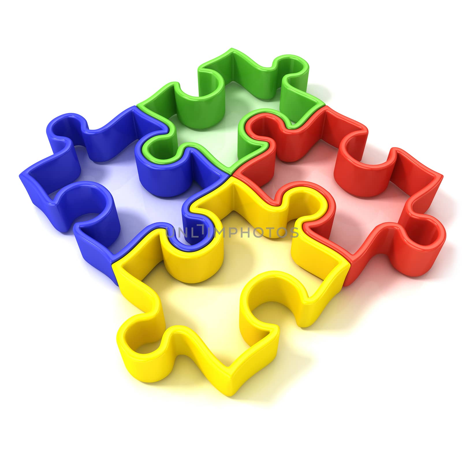 Four colorful outlined jigsaw puzzle pieces, banded. Isolated on a white background. Top view