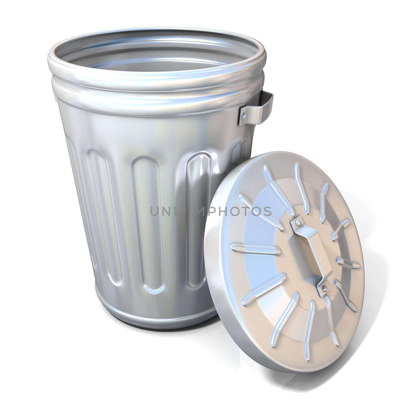 Open steel trash can isolated on white background