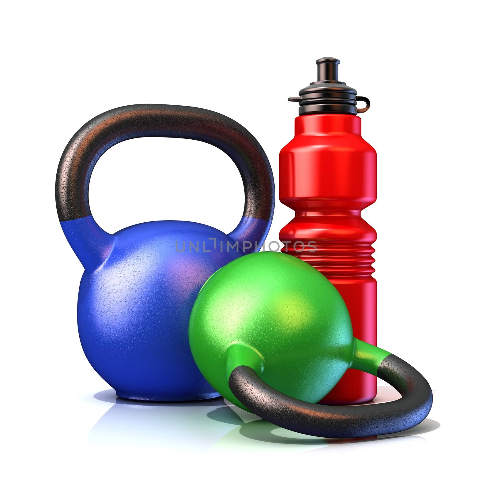 Red plastic sport bottles and kettle bells weight, isolated on a white background. 3D render illustration.