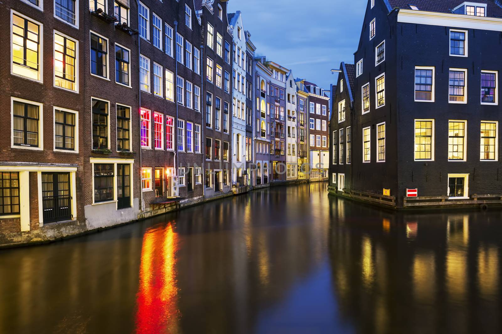 View of famous amsterdam canal at night, Netherlands