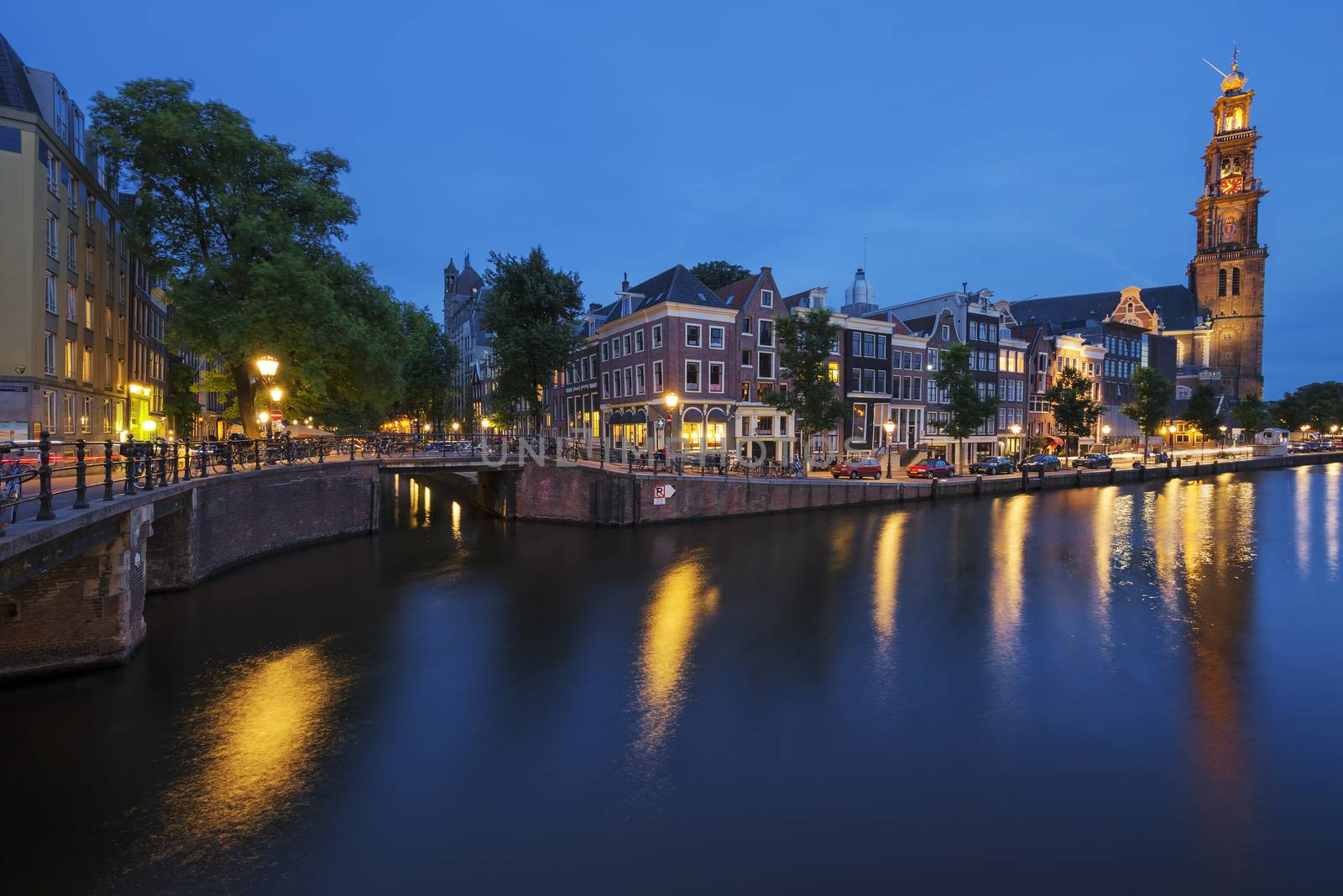 Famous view of Amsterdam Canal by night. Netherlands