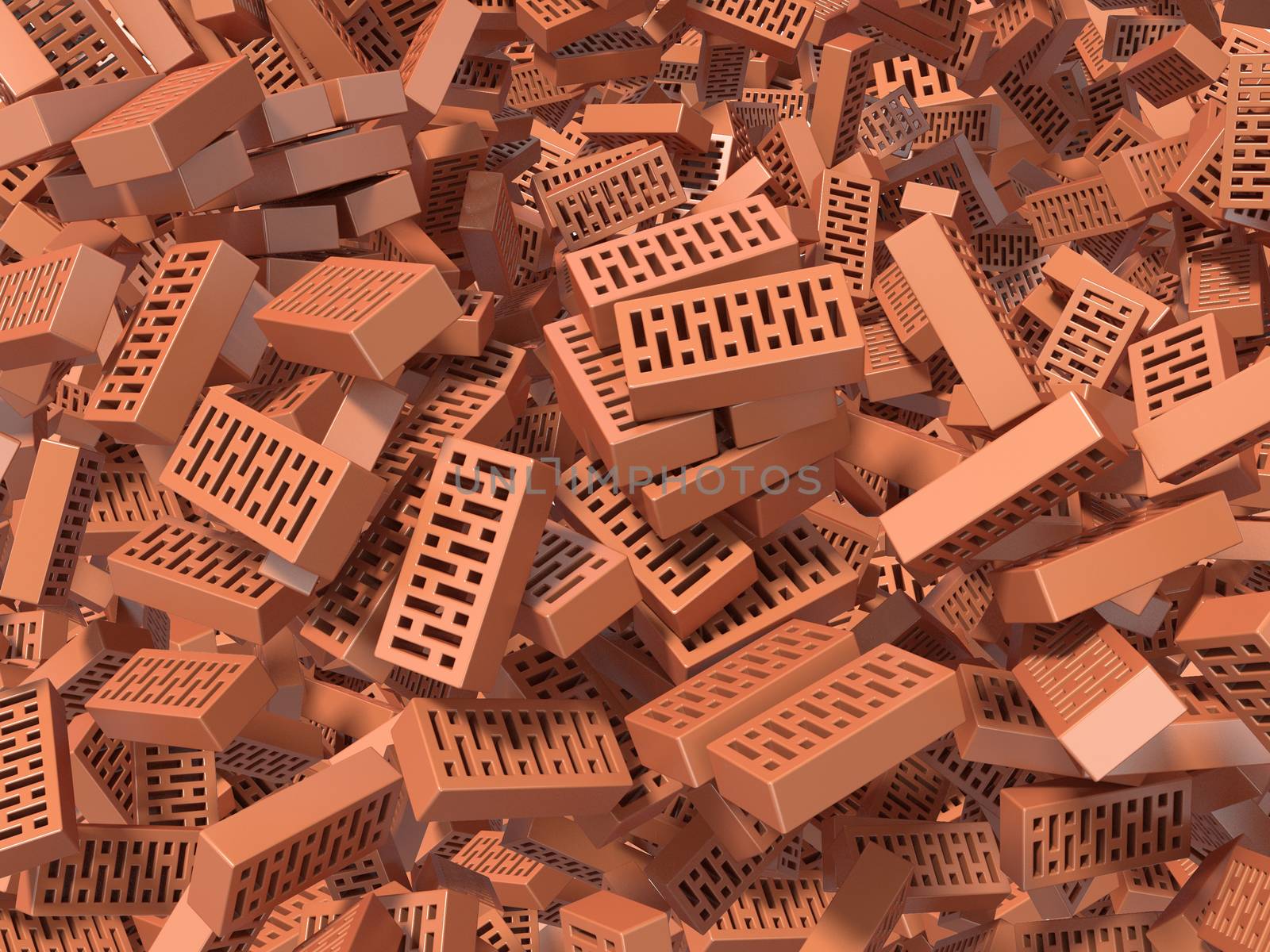 Heap of falling, flying, scattered bricks background. 3D rendered illustration