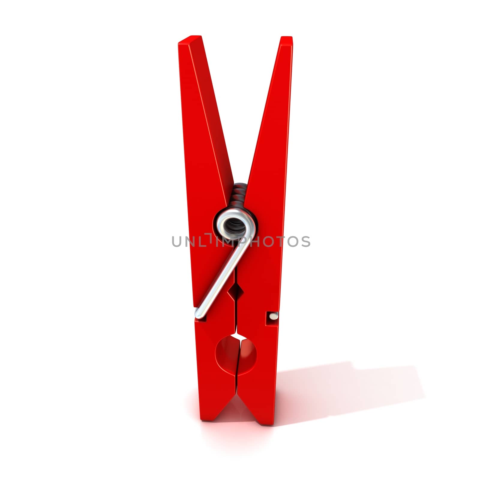 Red clothes pin. Closed standing. Isolated on white background