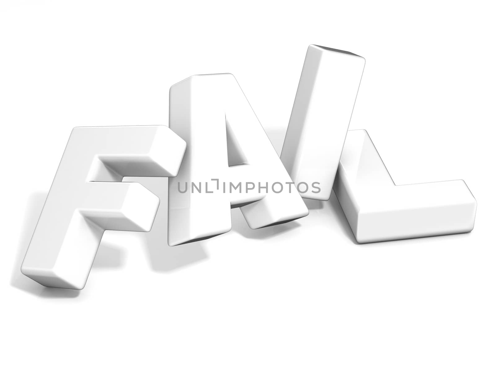 Fail concept. White letters isolated over white background. 3D render illustration