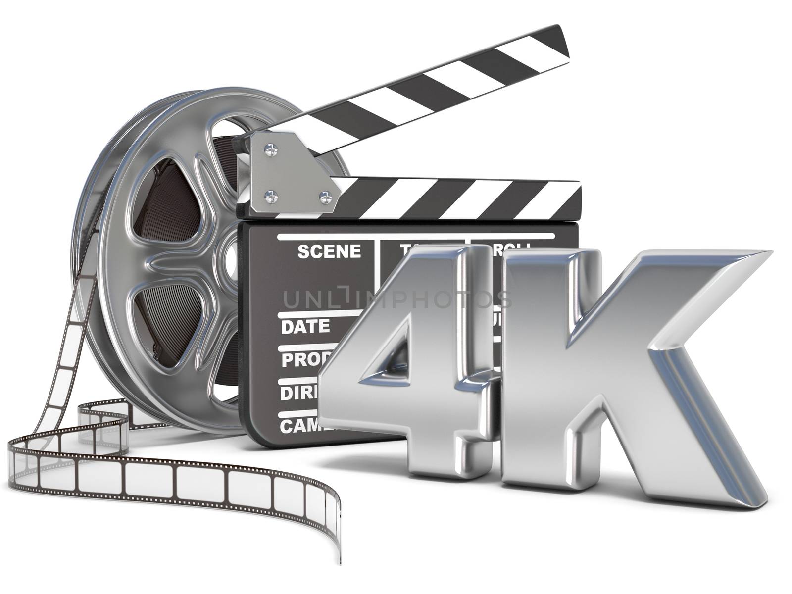 Film reels and movie clapper board. 4K video icon. 3D by djmilic