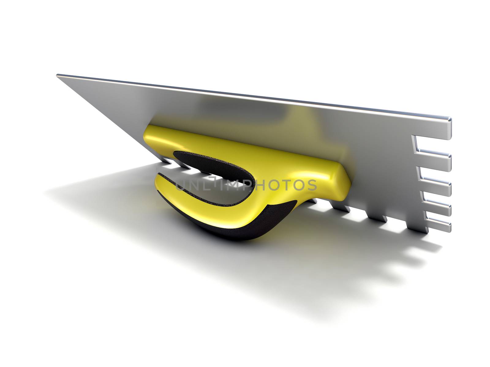 Finishing trowel with yellow black rubber handle. 3D render isolated on white background