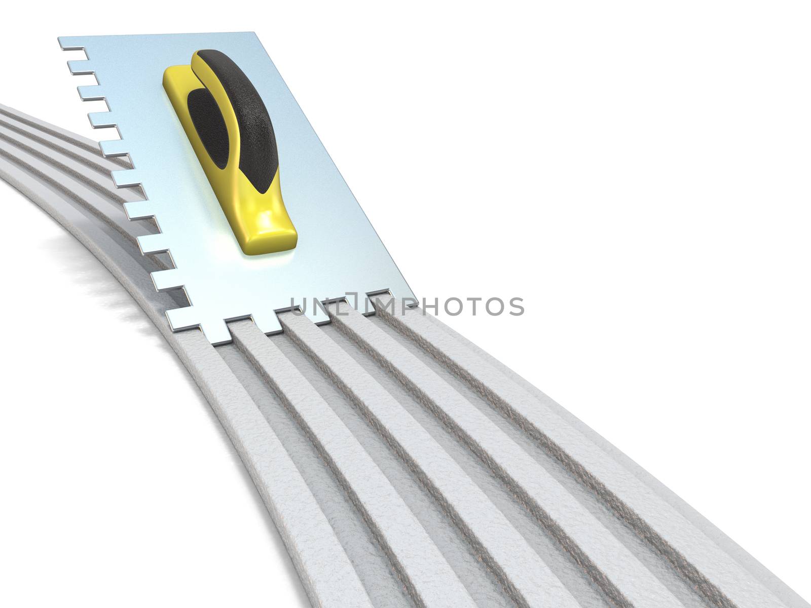 Finishing trowel spreading mortar line. 3D render isolated on white background