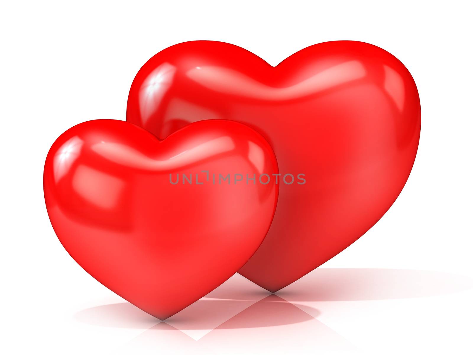 Two red hearts. 3D render illustration isolated on white background. Front view
