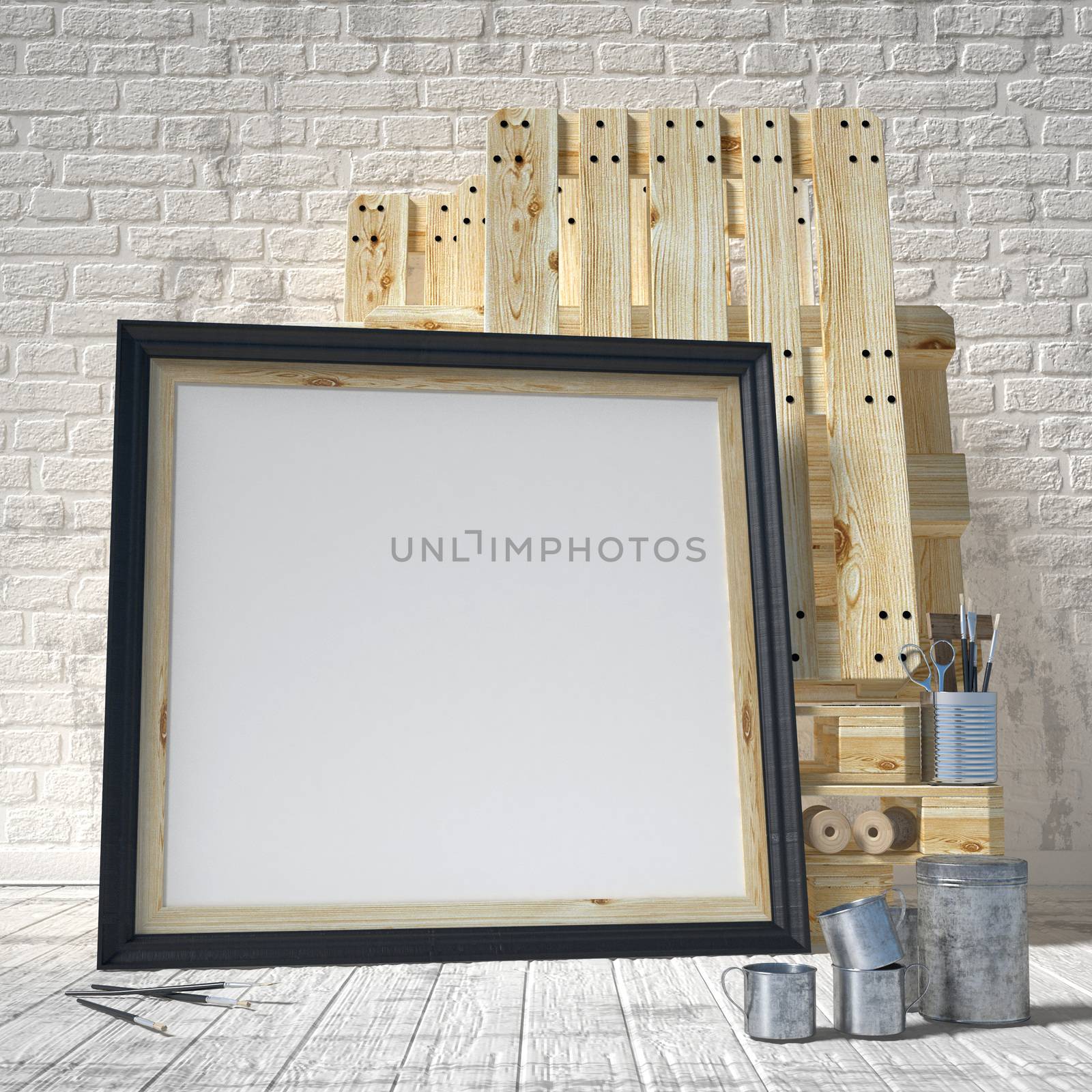 Mock up posters frames in art atelier, 3D render illustration