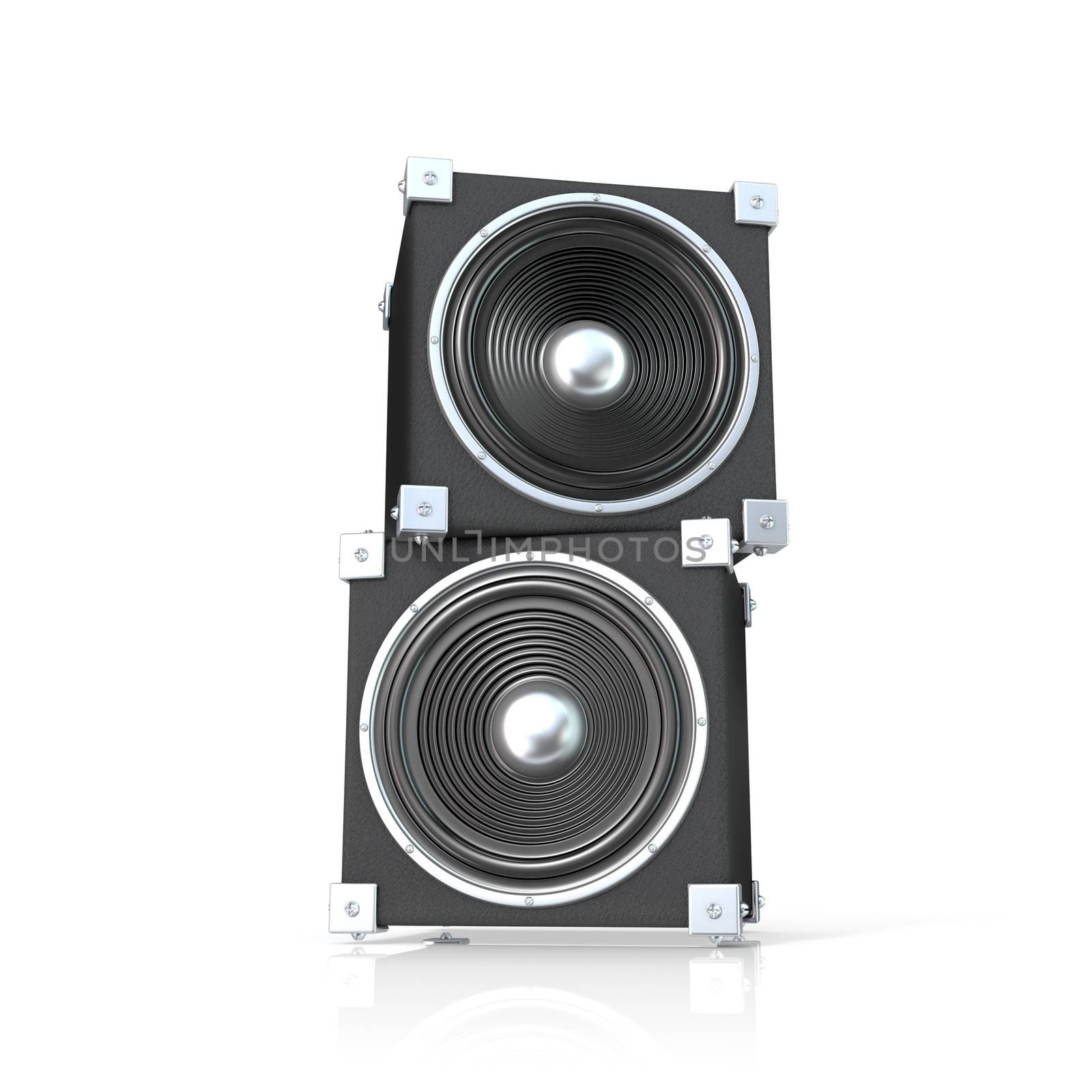 Pair of sound speakers. 3D render illustration isolated on white background. Front view