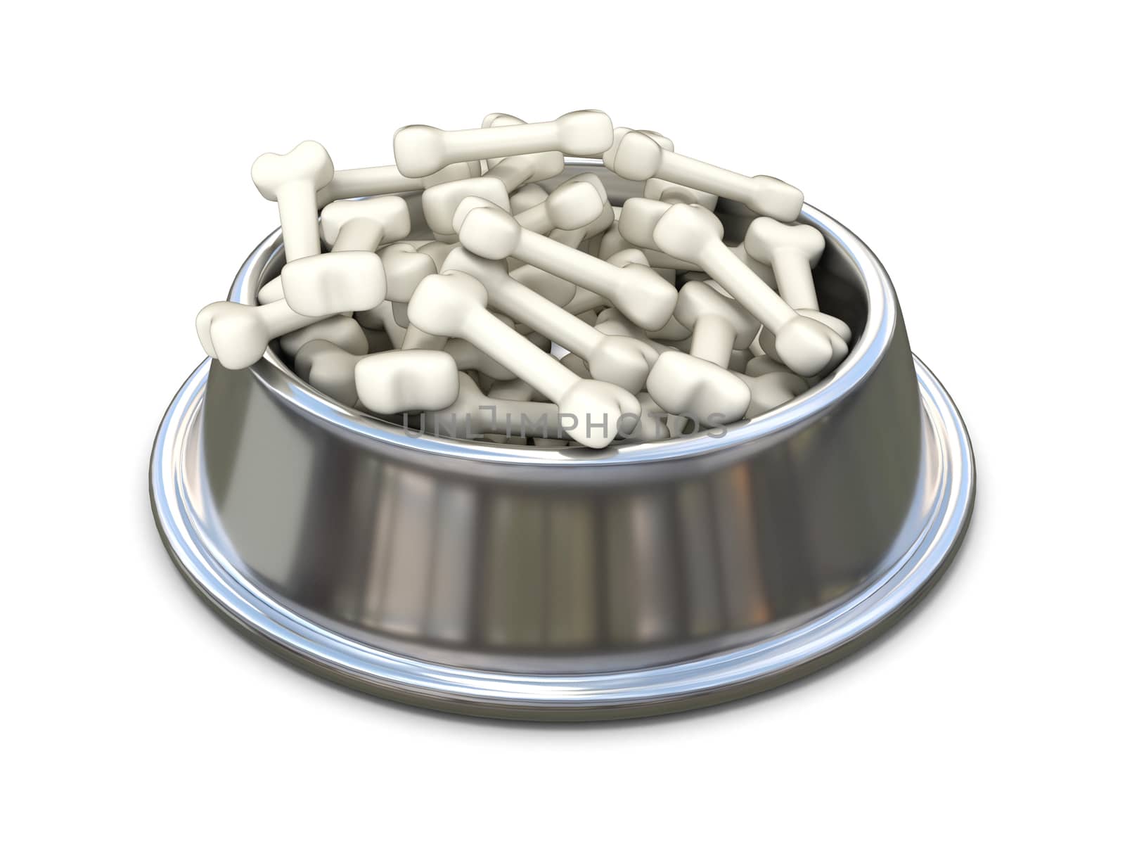 Chrome dog bowl with bones. 3D render illustration isolated on white background