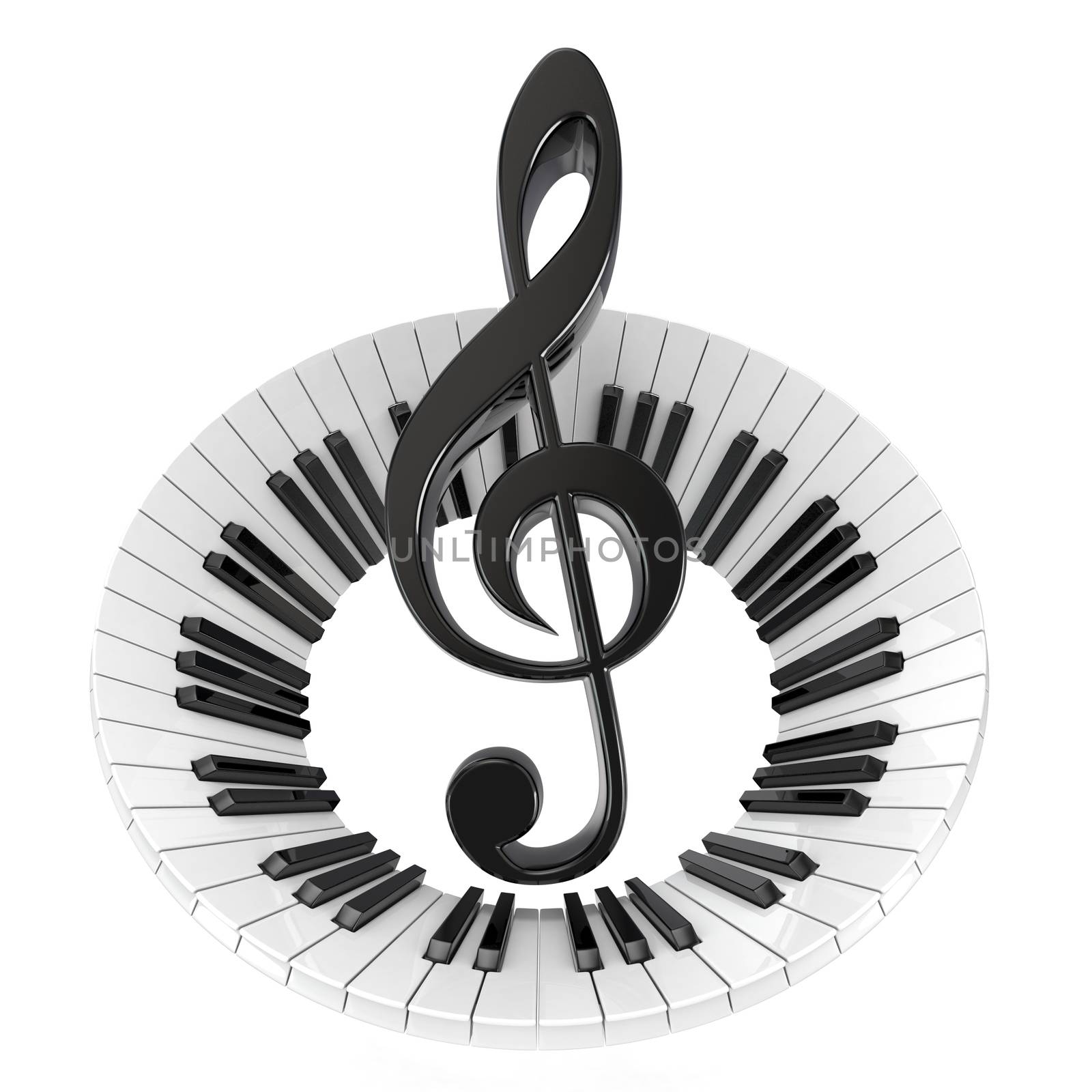 Treble clef in abstract piano keyboard. Symbol of music. 3D by djmilic