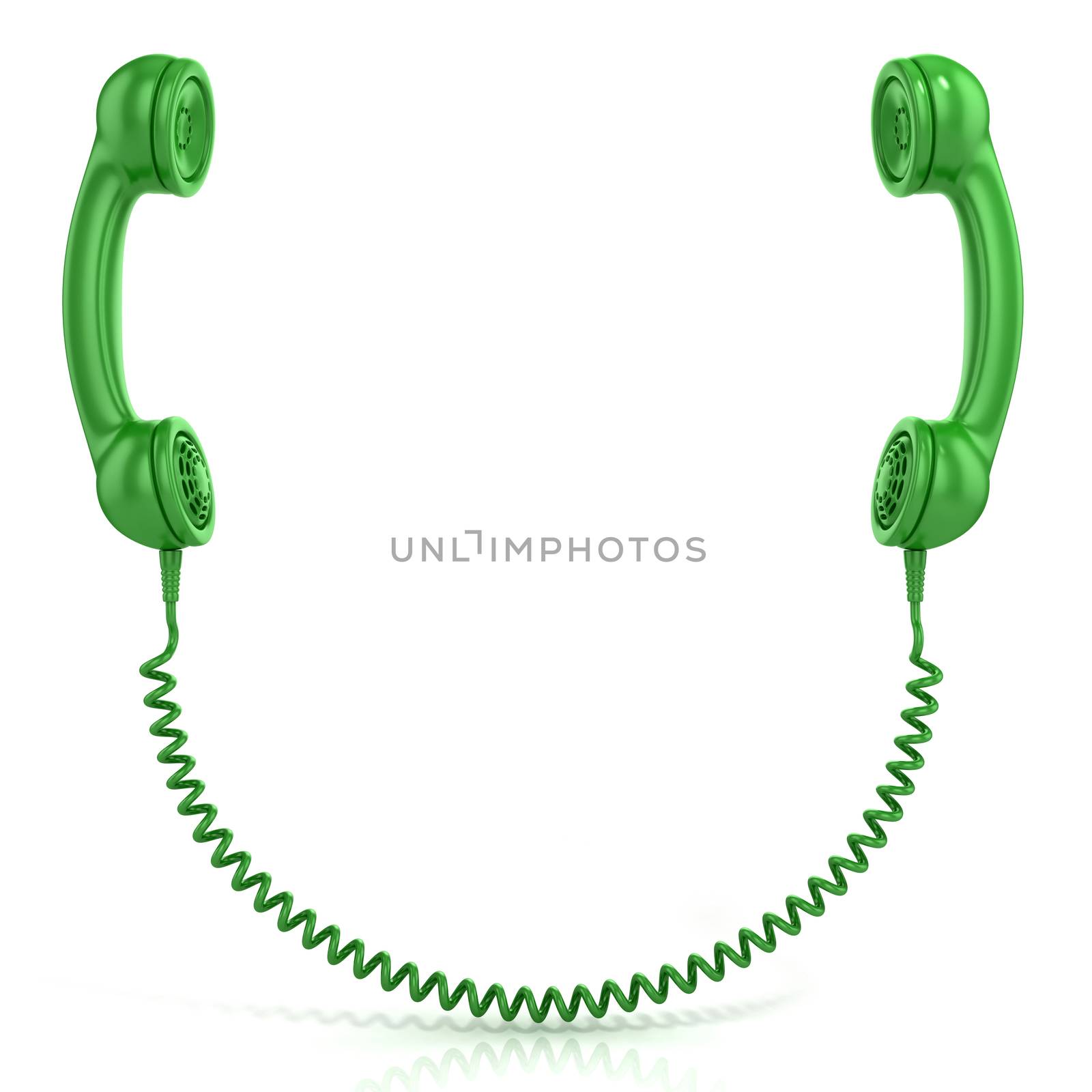 Green old fashion phone handsets connected isolated on white background, front view