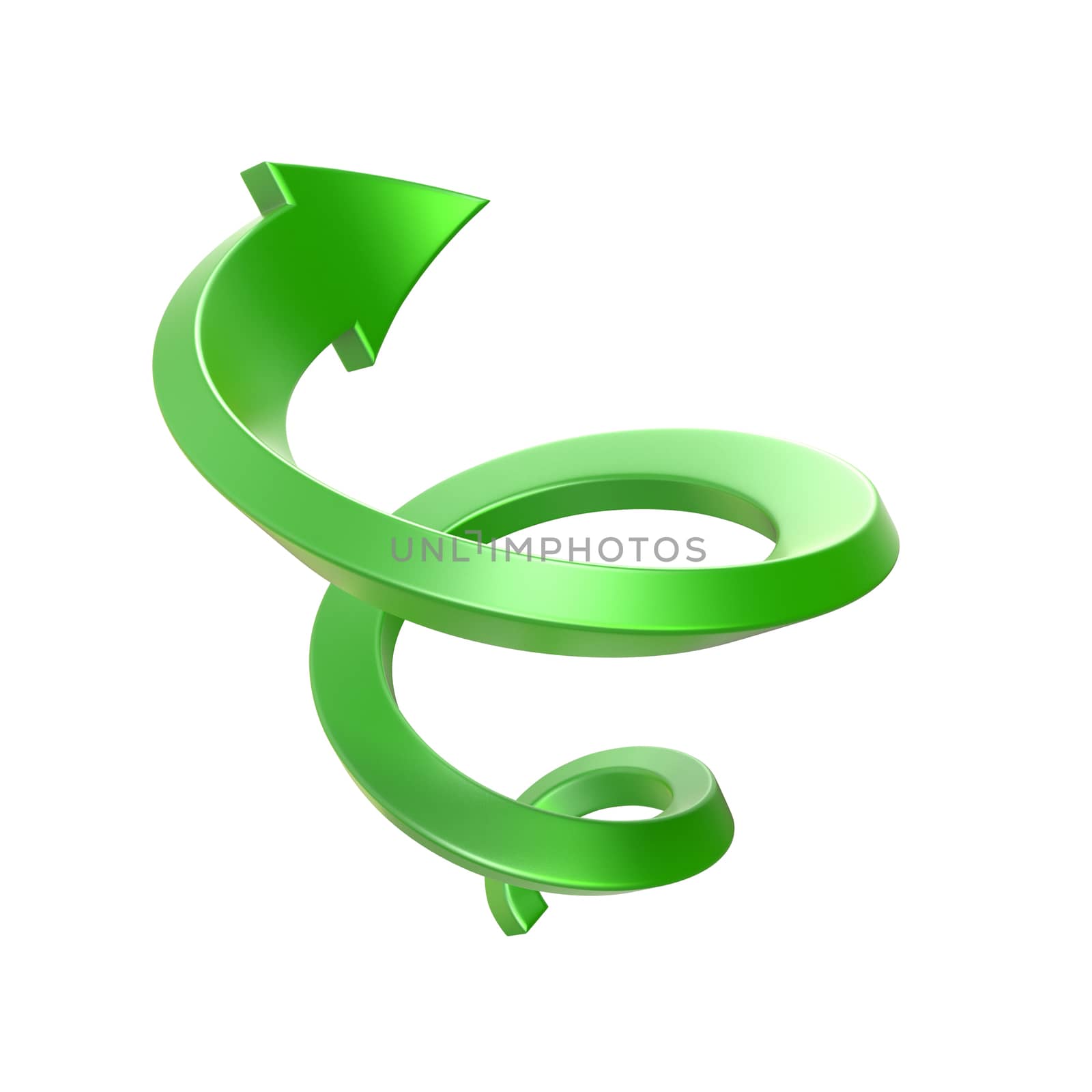 Green spiral arrow.Side view. 3D render illustration isolated on white background