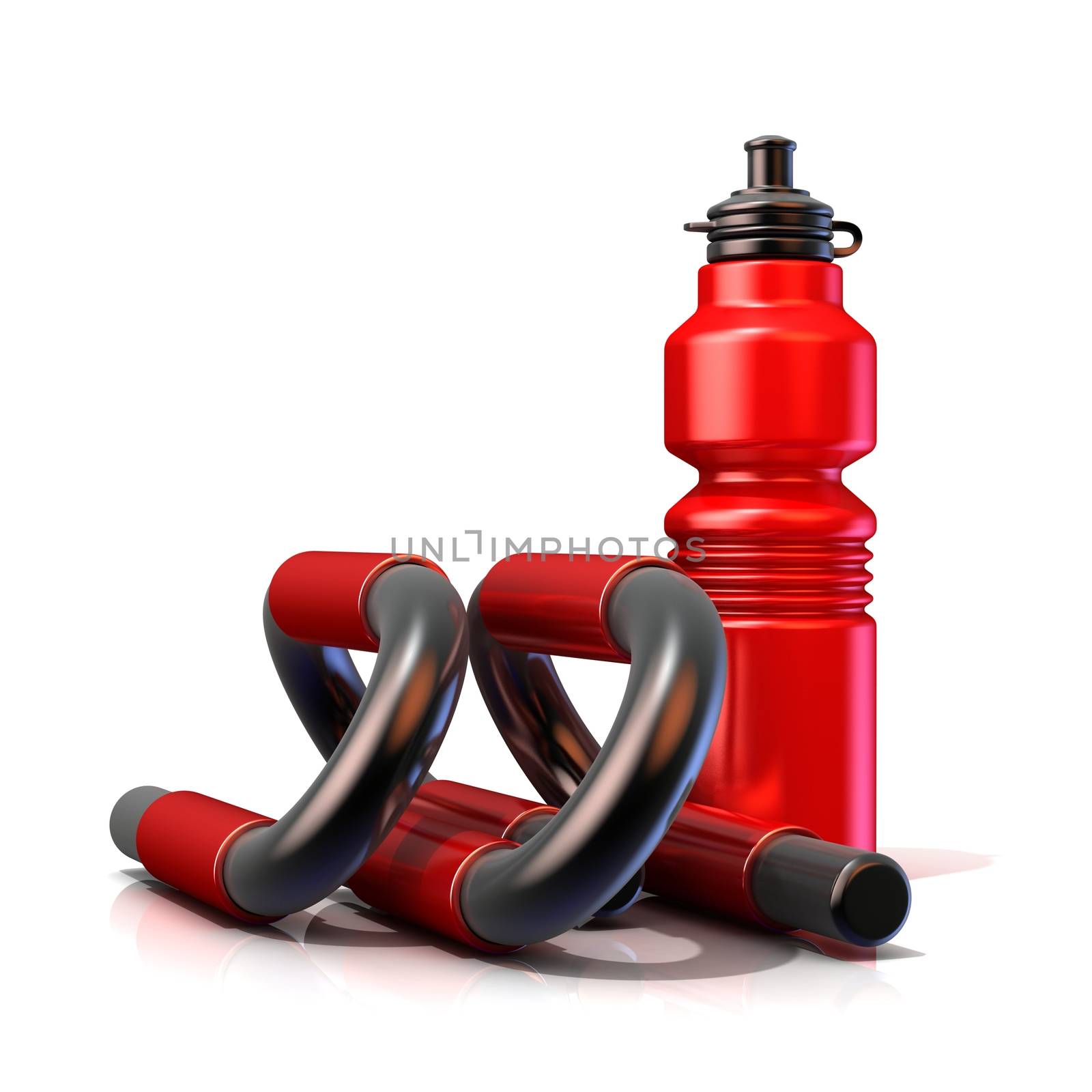 Red plastic sport bottles and push-up bars. 3D render isolated on white background