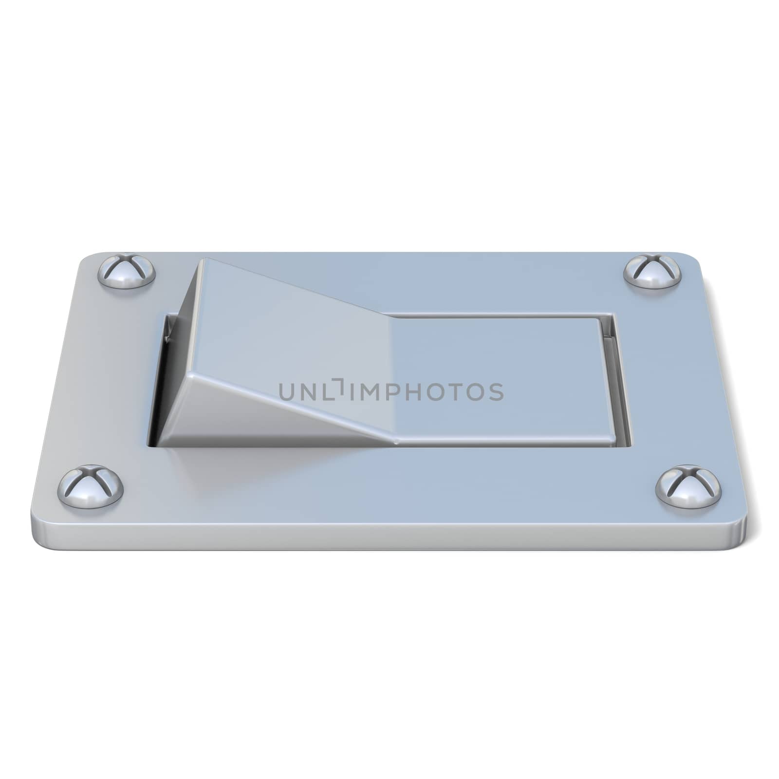 Blank, silver, power switch button. Front view. 3D render illustration isolated on white background