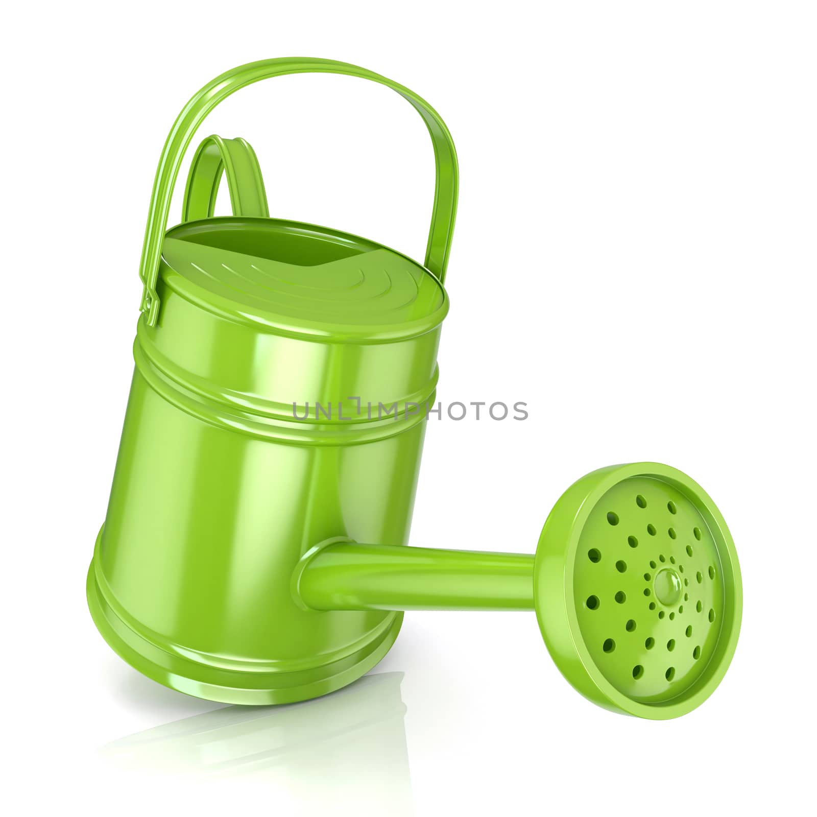 Green watering can 3D render isolated white background. Front view with sprinkler.