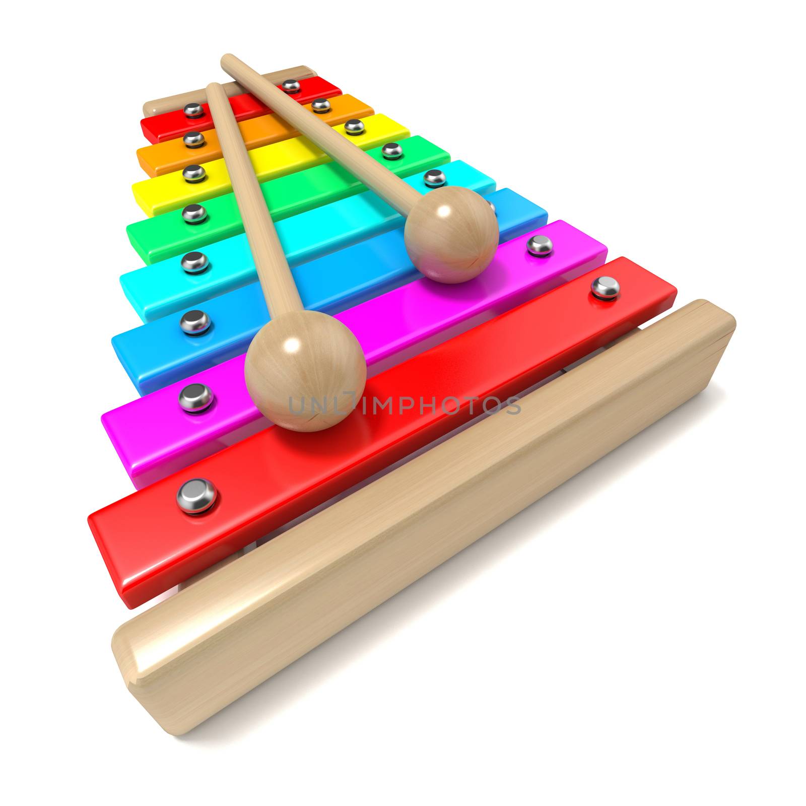 Xylophone with rainbow colored keys and with two wood drum sticks. 3D render isolated on white background. Wooden toy. Percussion instrument. Music art creation concept