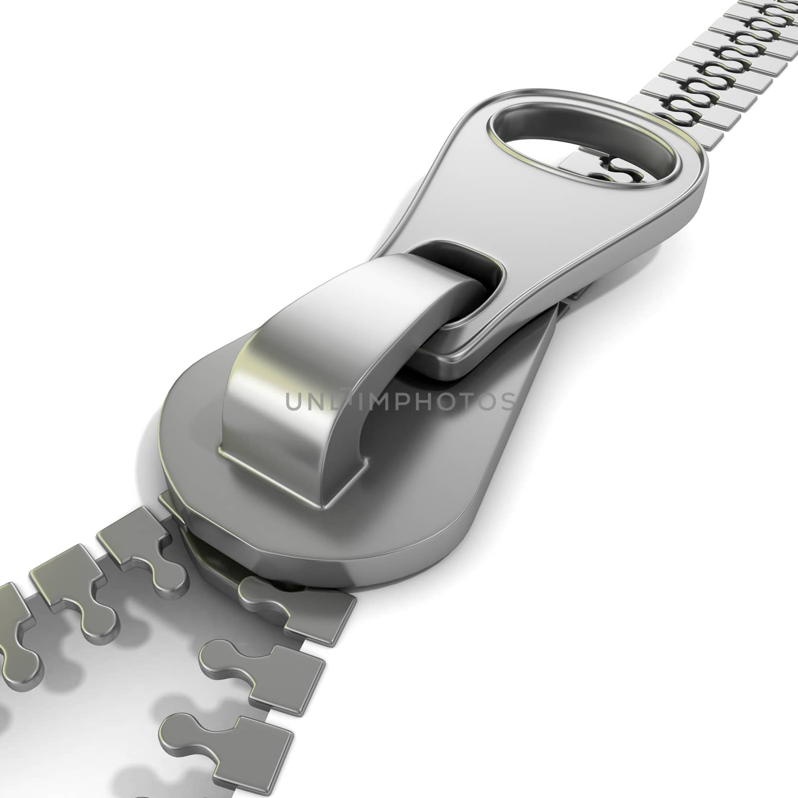Zipper macro view. 3D render illustration isolated on white background