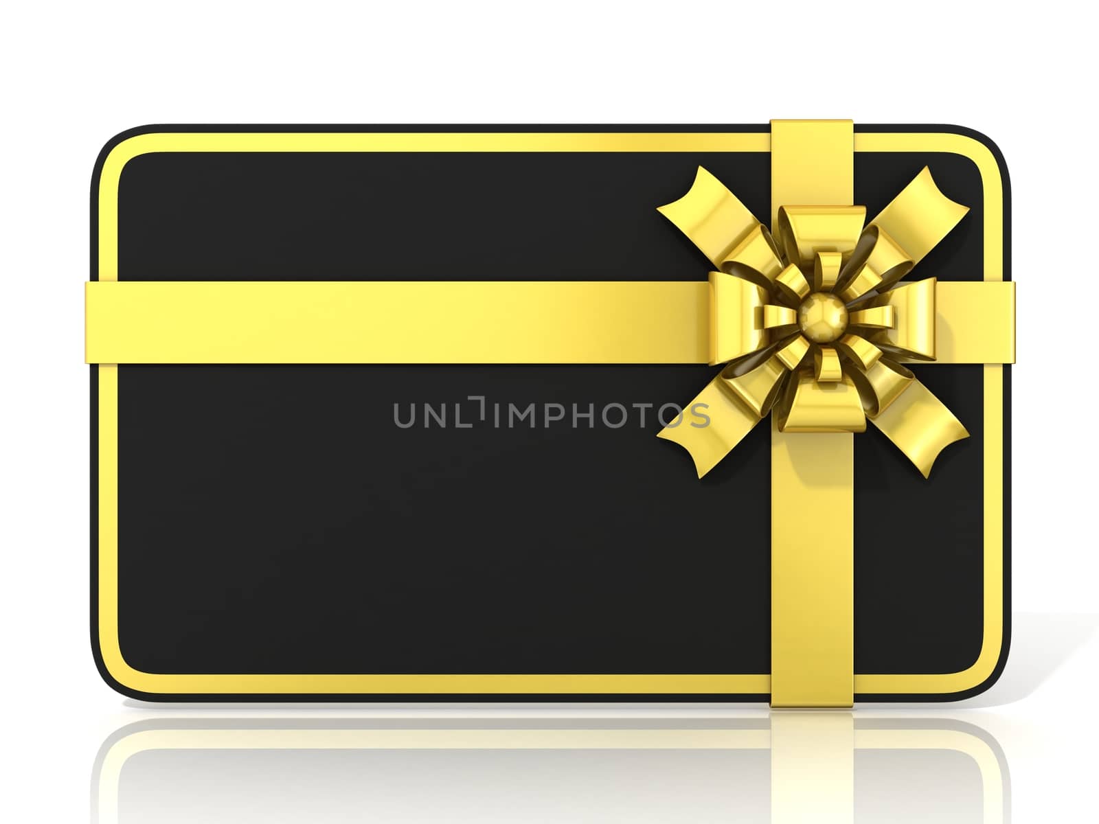 Black blank gift card, with golden ribbon. 3D render illustration isolated on white. Front view