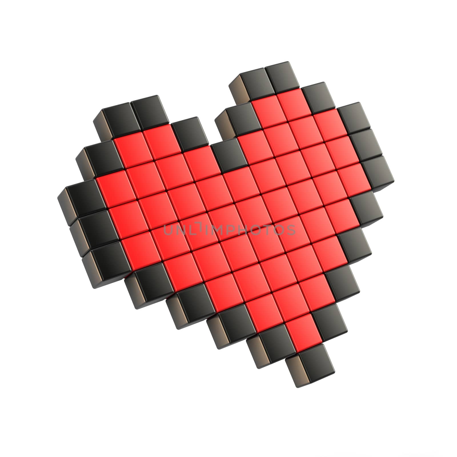 Red pixel heart. 3D render illustration. Isolated on white