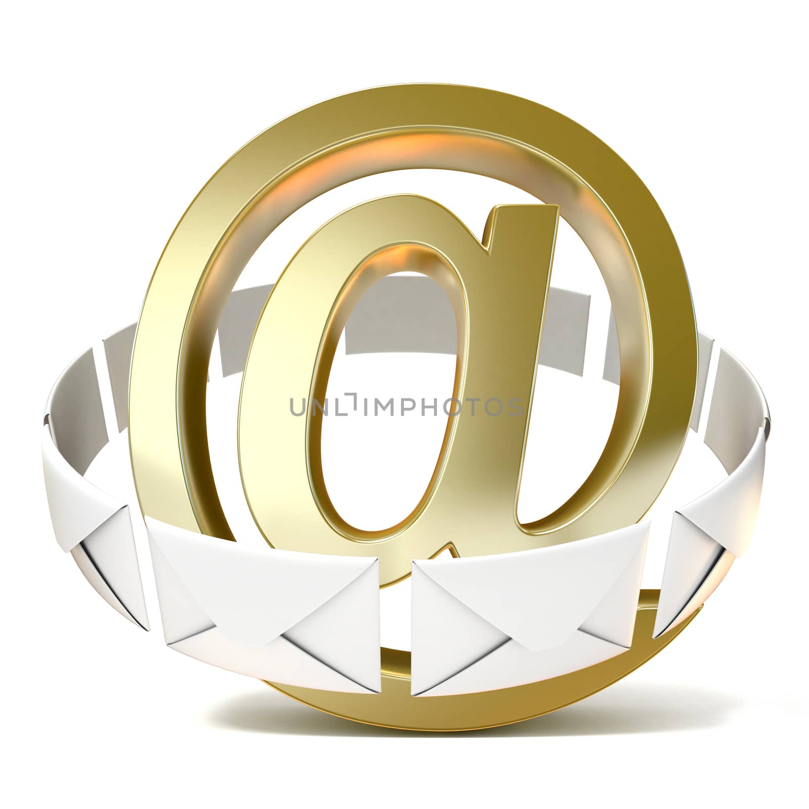 Envelopes around golden e-mail sign. 3D render illustration isolated on white background