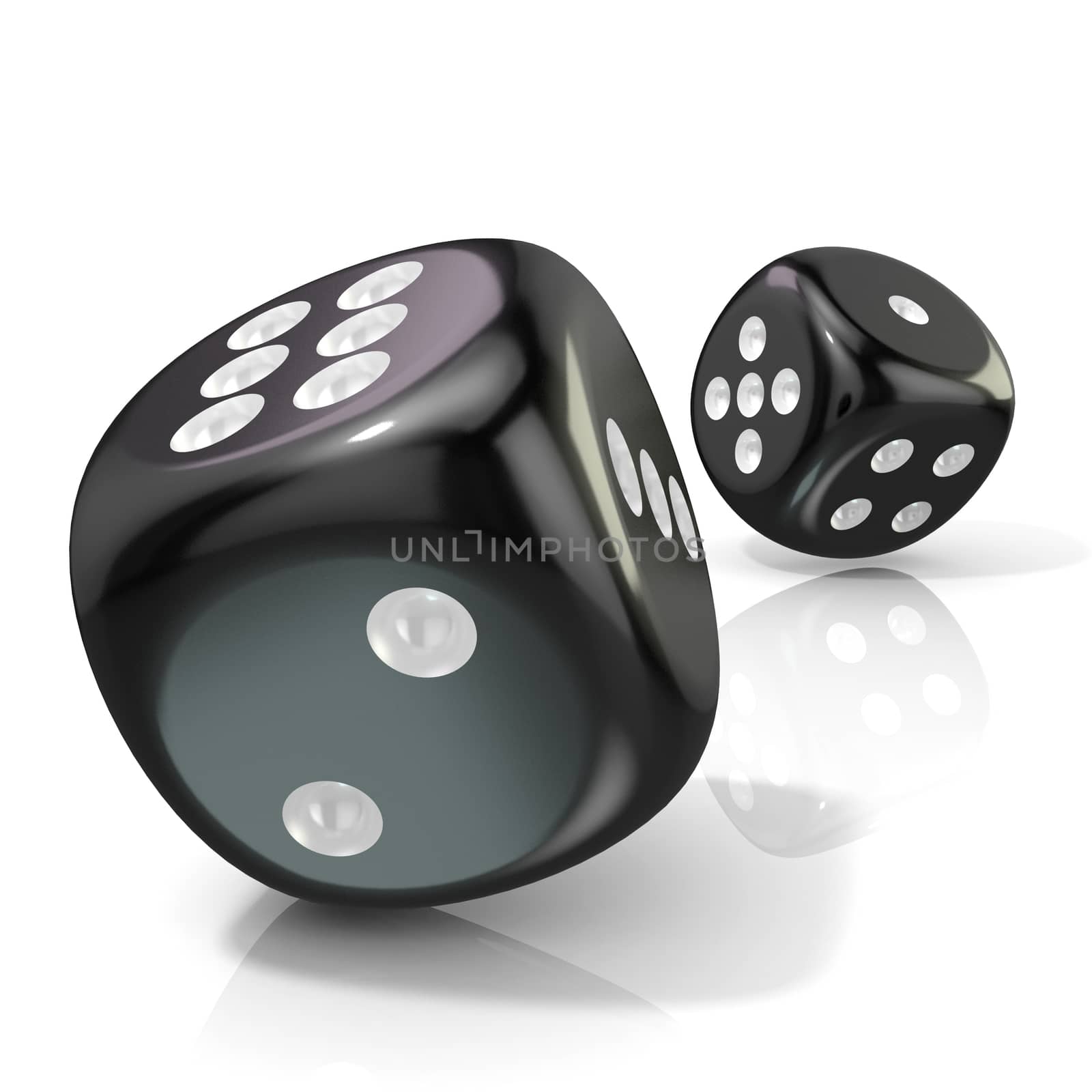 Two black game dices. 3D render illustration isolated on white background