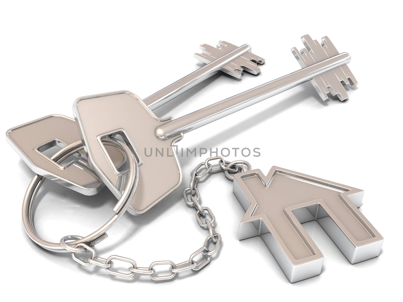 Two house door keys and house key-chain on white background
