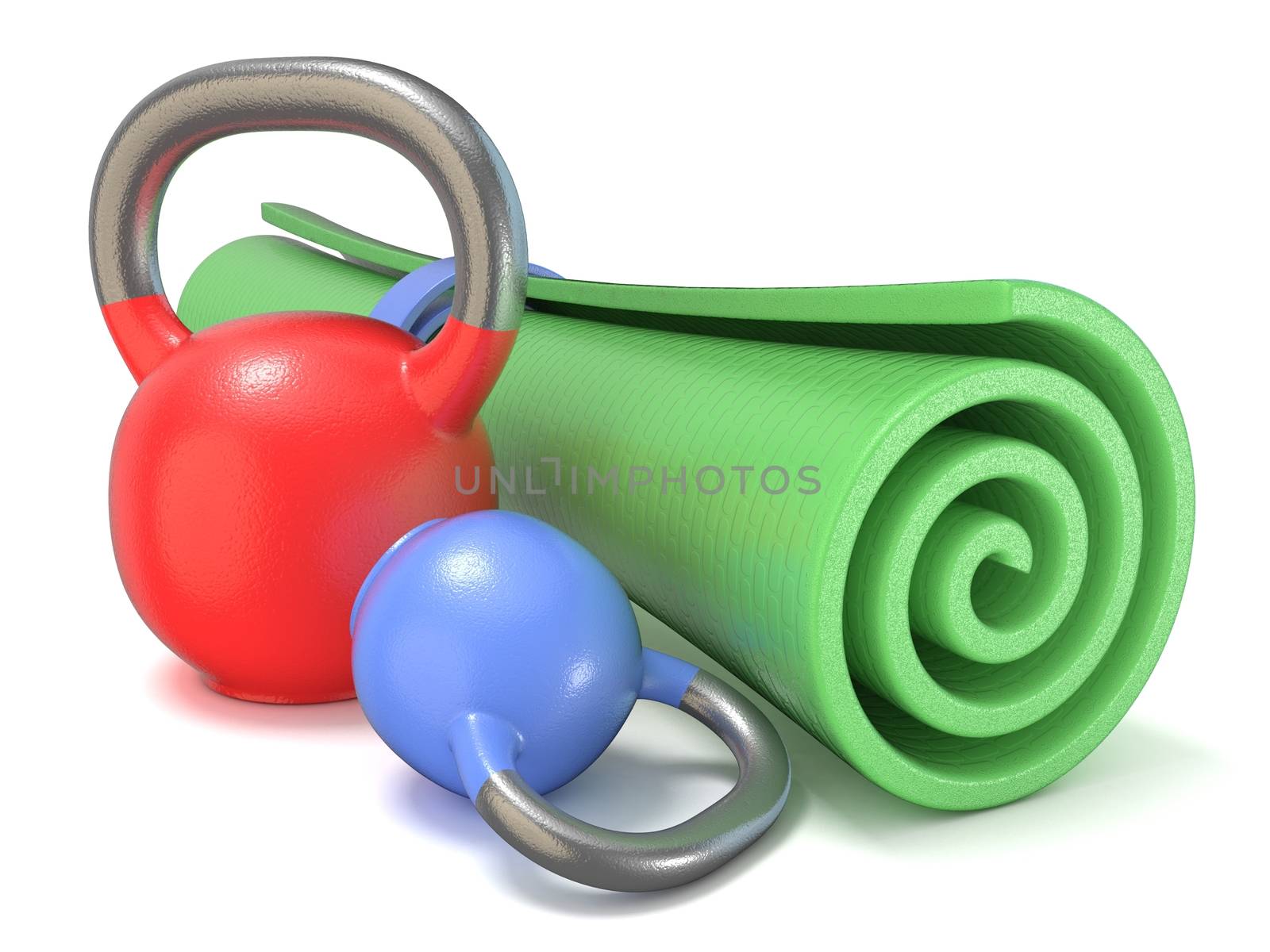 Green fitness mat and kettle bells weights. 3D render illustration isolated on white background