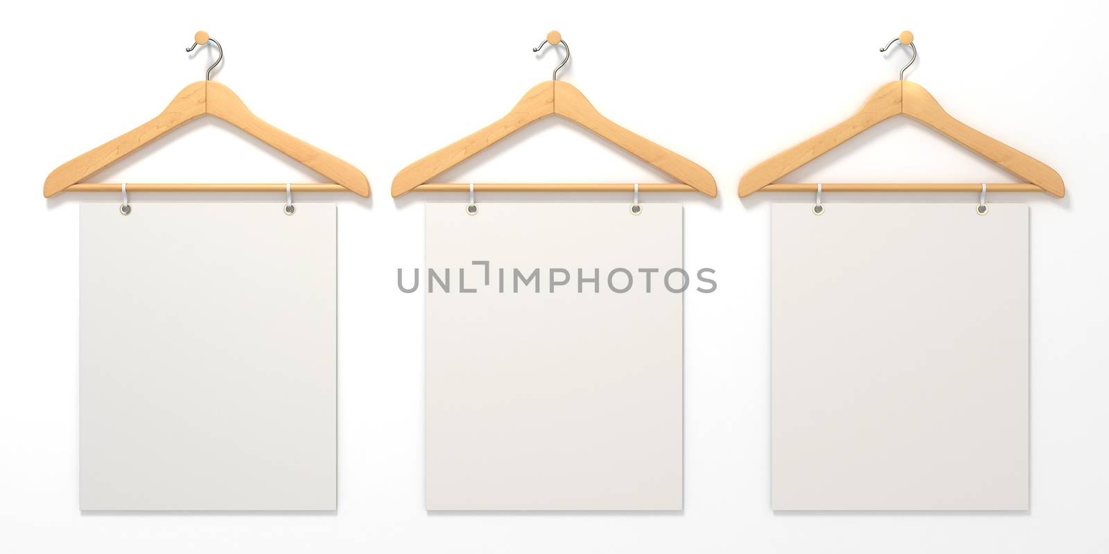 Wooden hangers with blank sign. 3D render illustration isolated on white background
