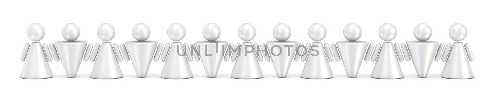 Abstract symbol people figures in row. 3D render illustration isolated on white background
