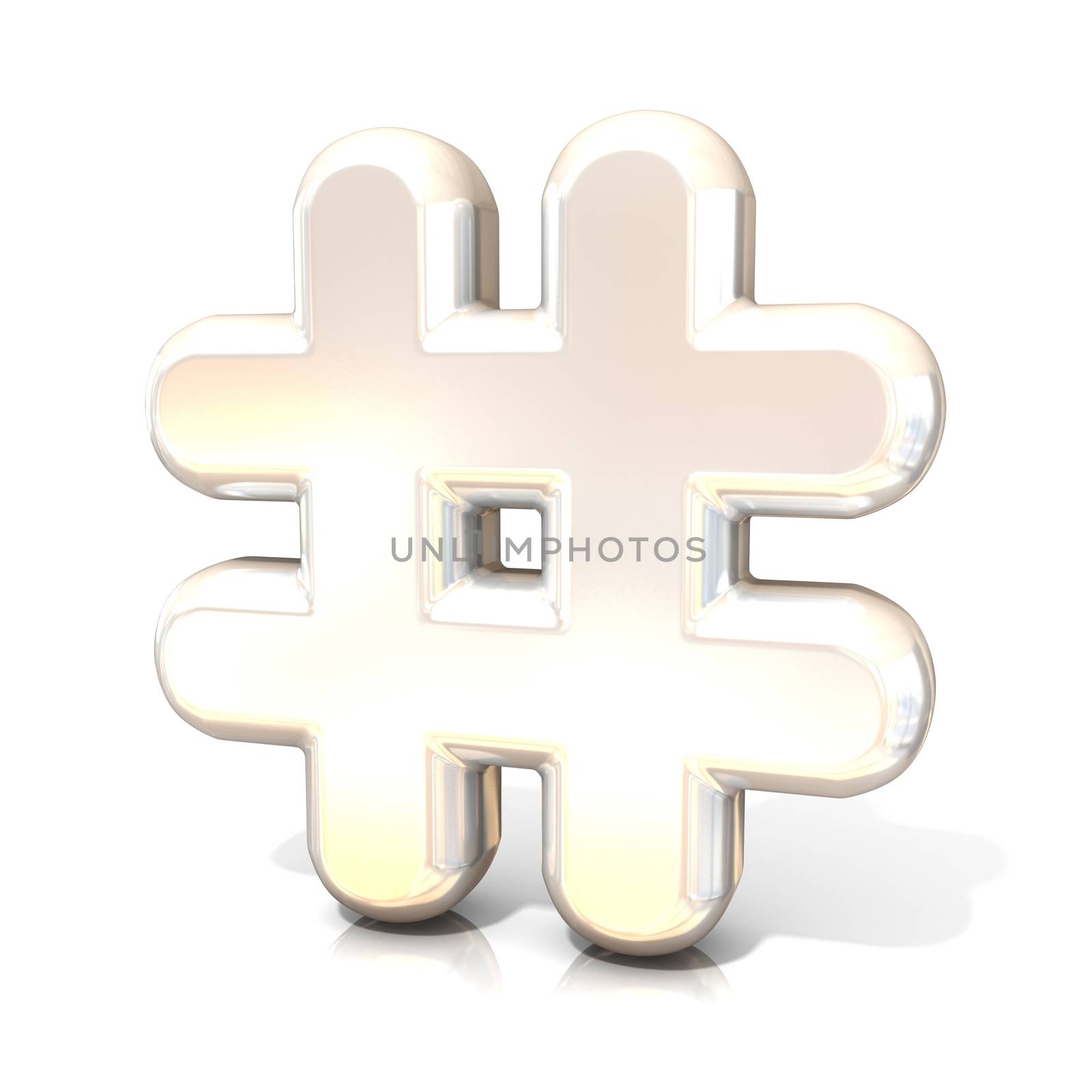 Hashtag, number mark 3D white sign isolated on white background. Side view