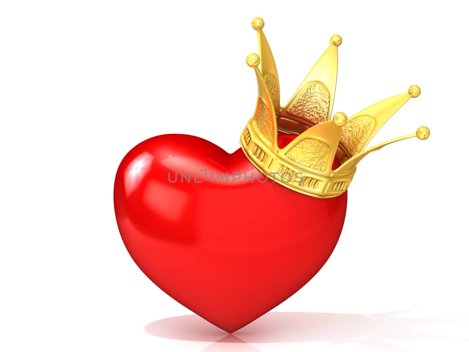 Red heart with golden crown. 3D render illustration isolated on white background.