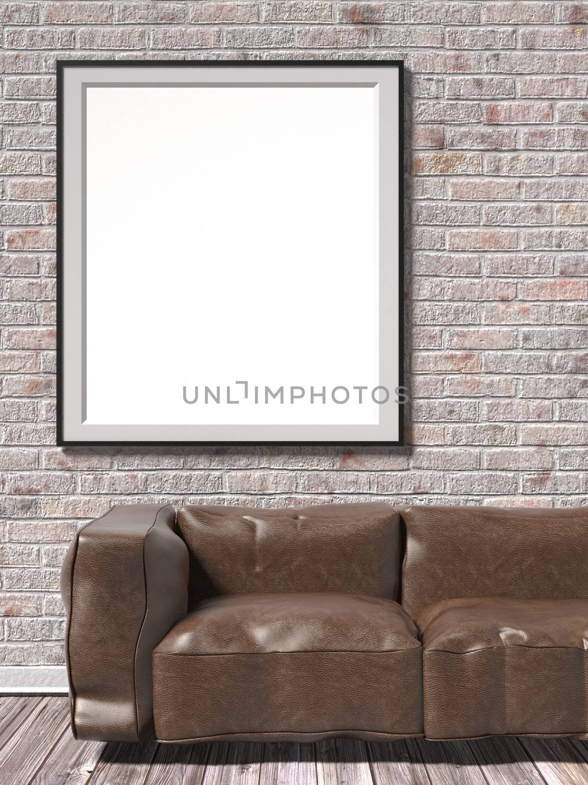 Mock up white empty picture frame with brown leather sofa. 3D render illustration