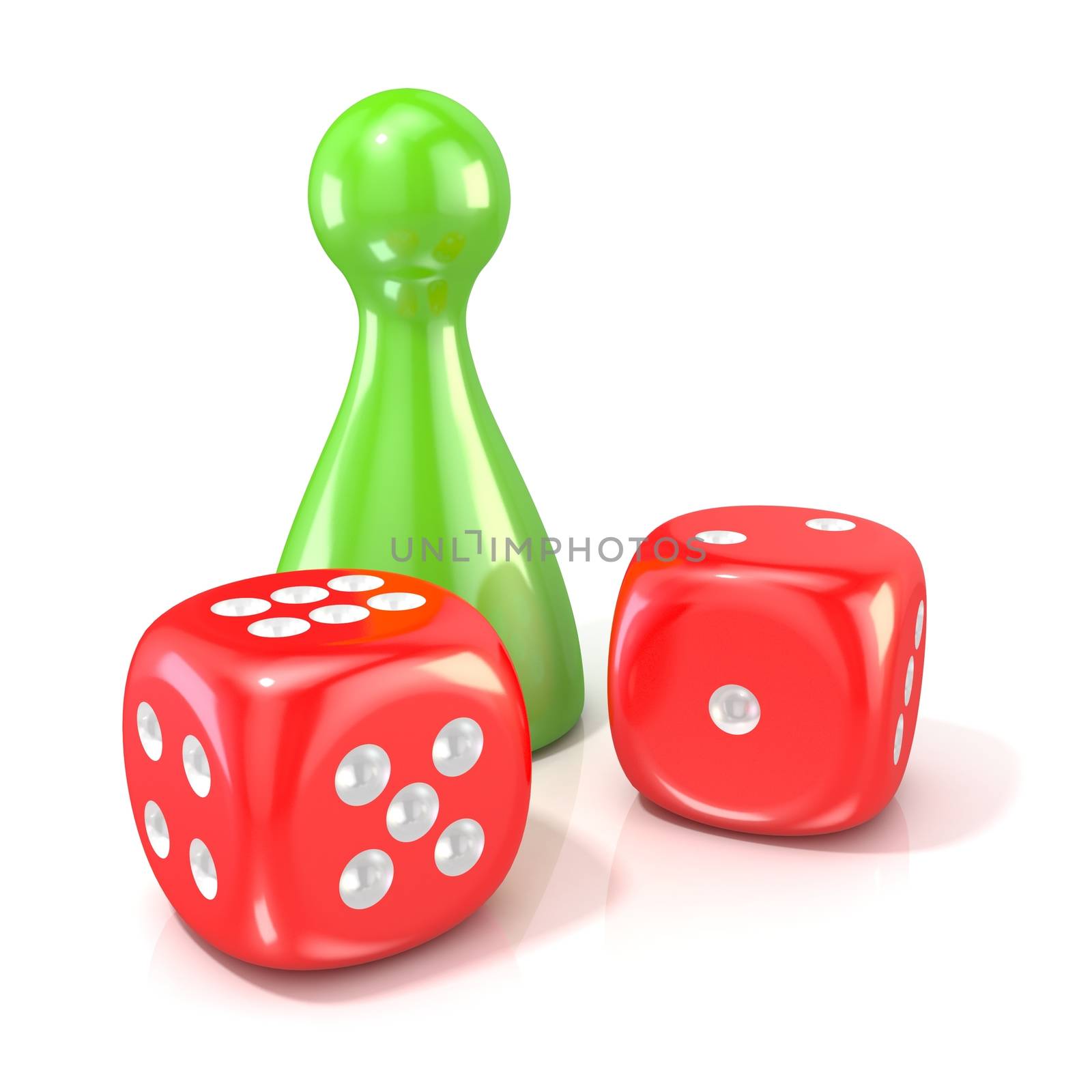 Board game figure with two red dice. 3D render illustration isolated on white background