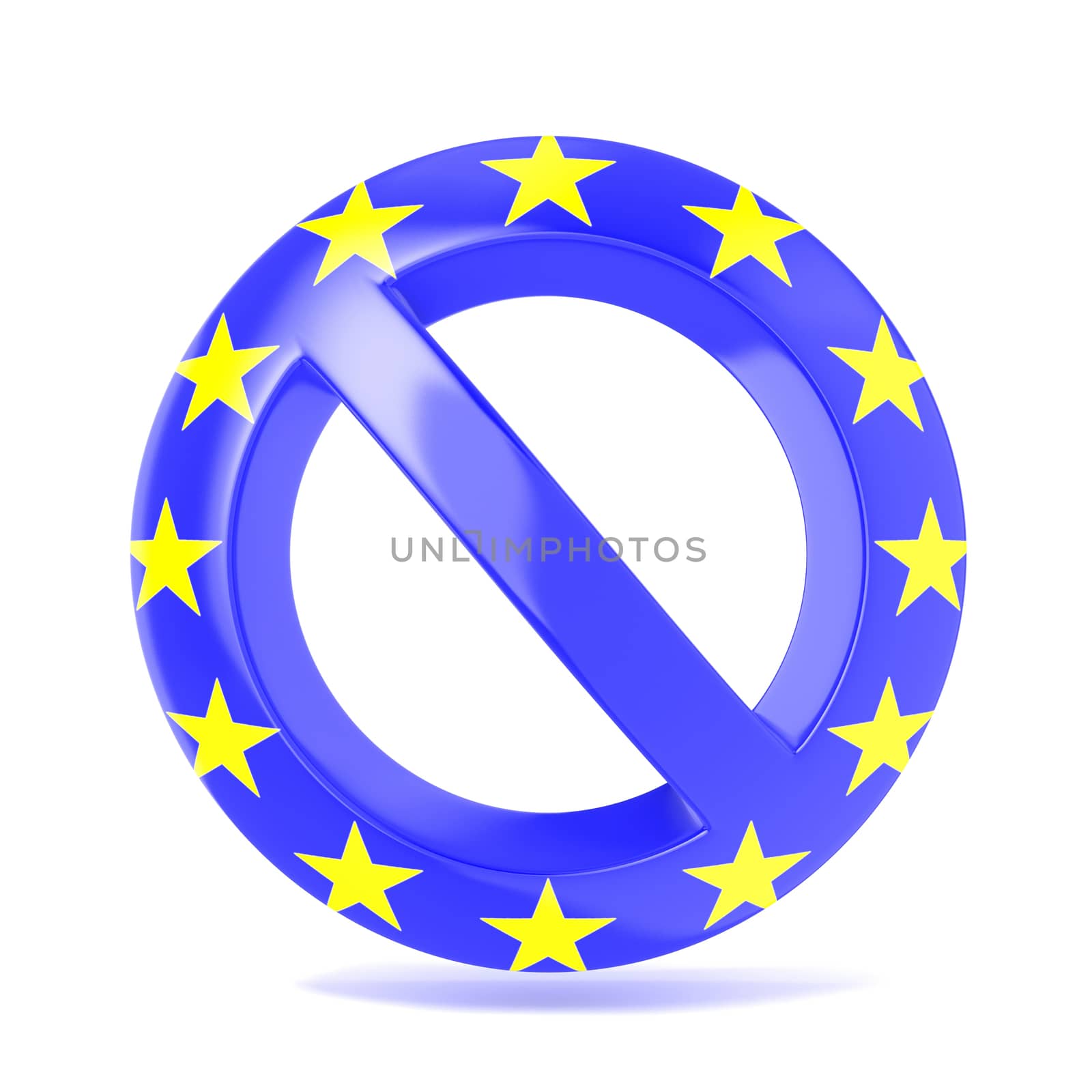 Forbidden sign with EU flag. 3D render illustration isolated on a white background