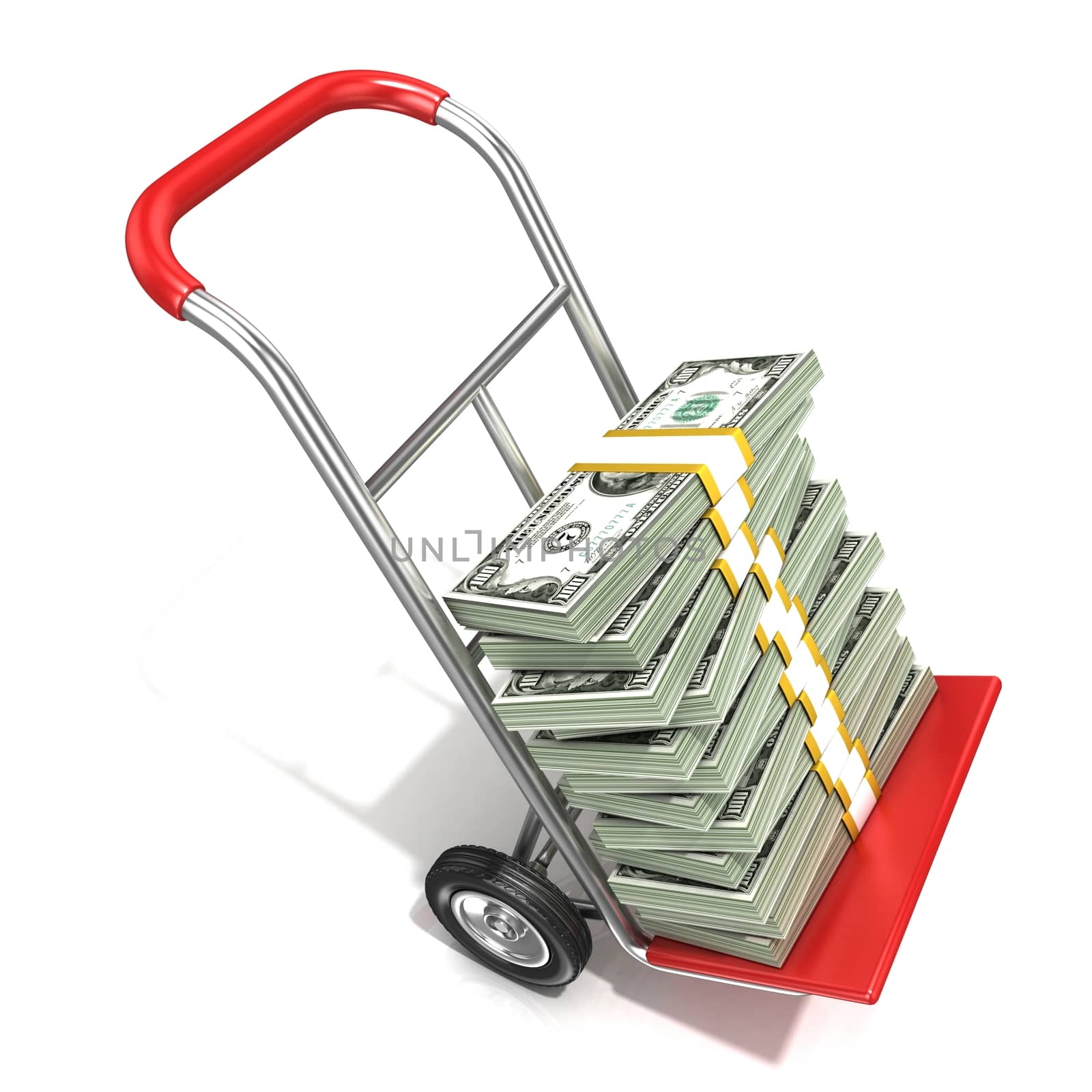 Hand truck with stacks of hundreds dollars isolated on white background. 3D render illustration