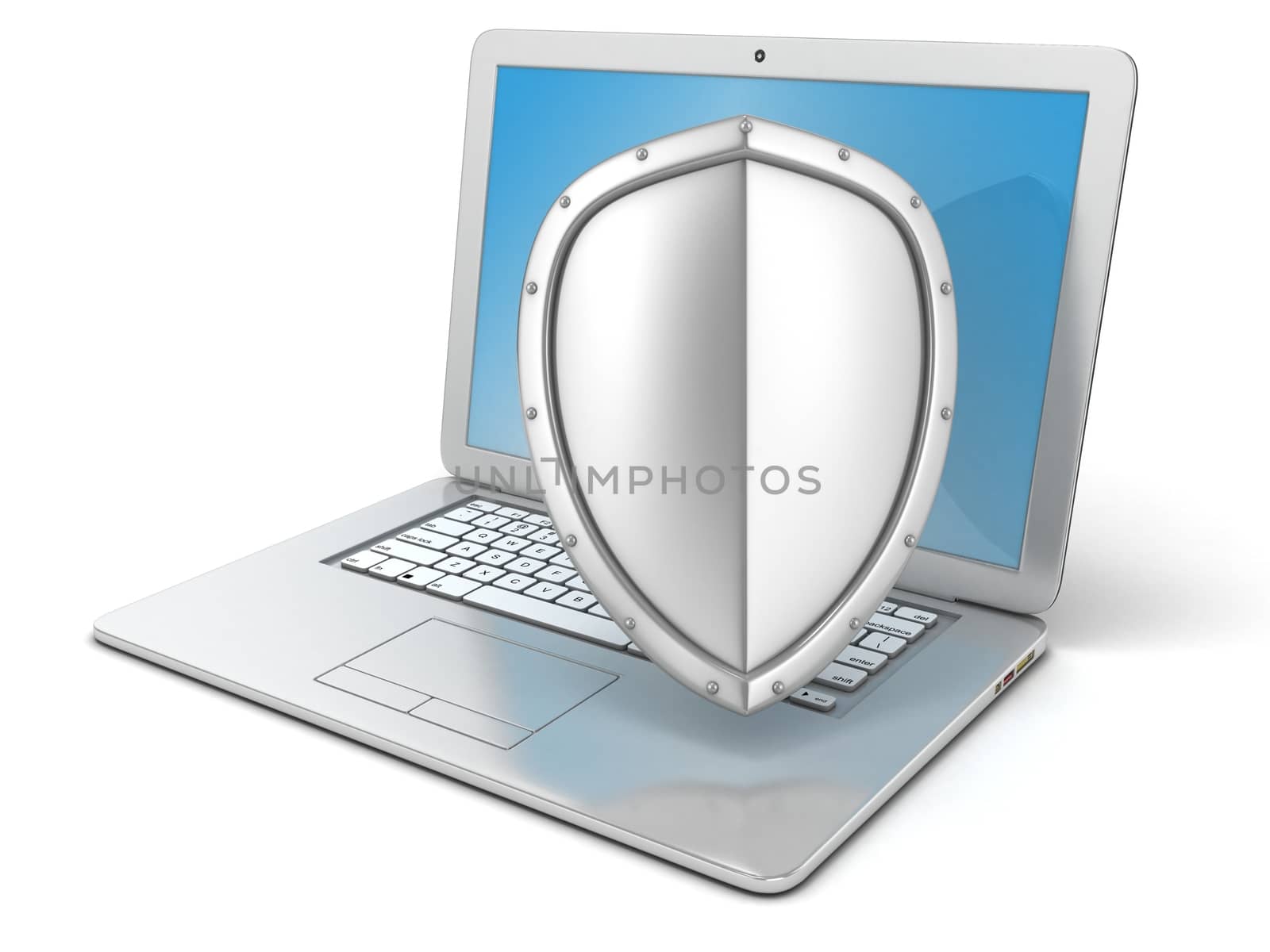 Shield covers laptop. Concept of information security. 3D render illustration isolated on white background