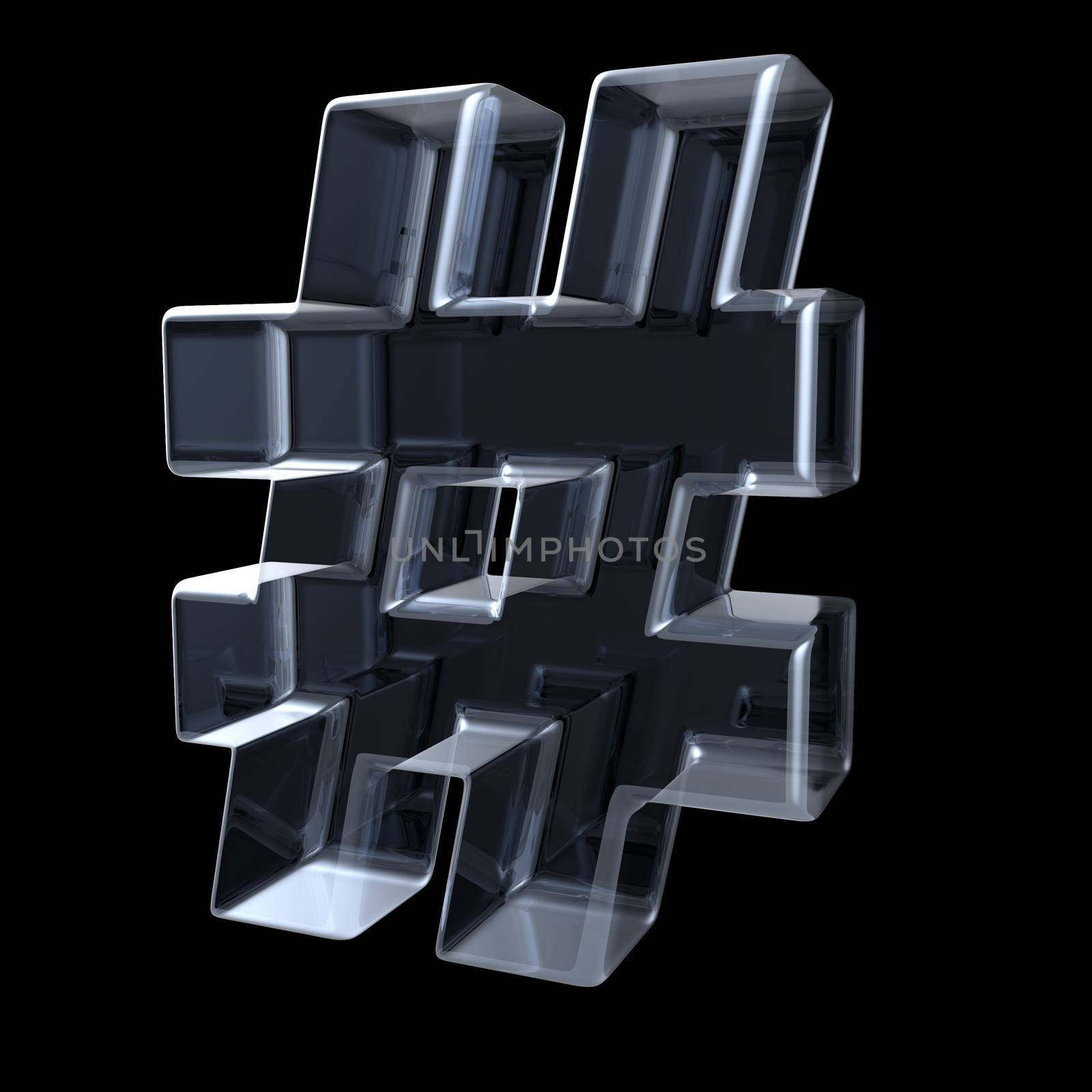 Transparent x-ray hashtag symbol. 3D render illustration on black background