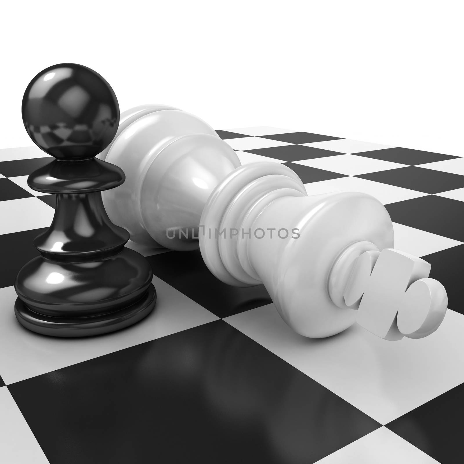 White pawn standing over fallen black king isolated on white chessboard