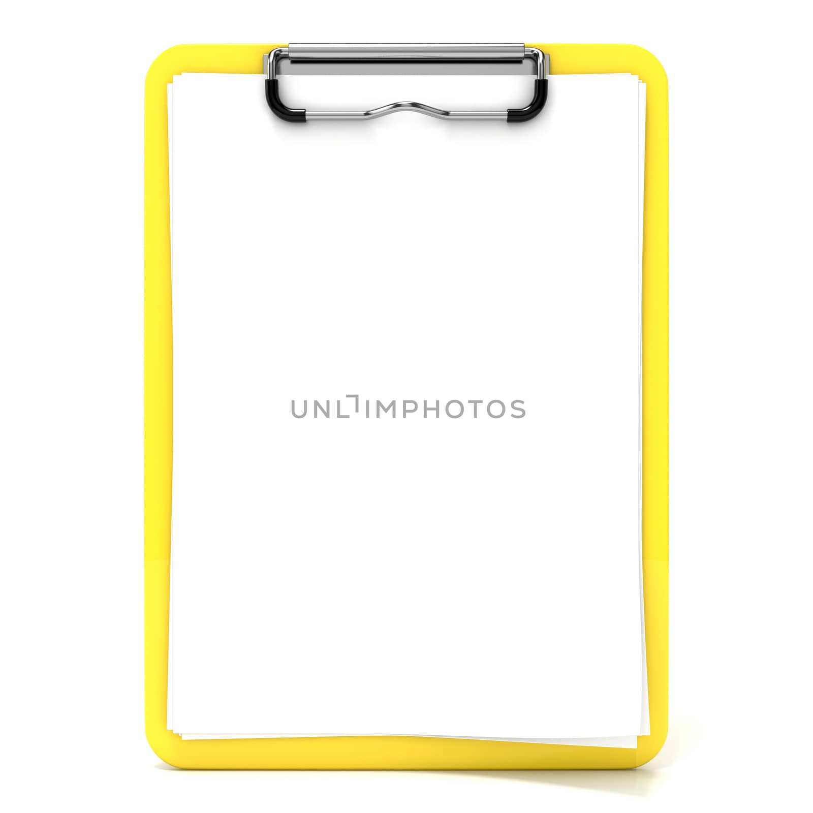 Yellow clipboard and blank paper with lines. 3D render illustration isolated on white background
