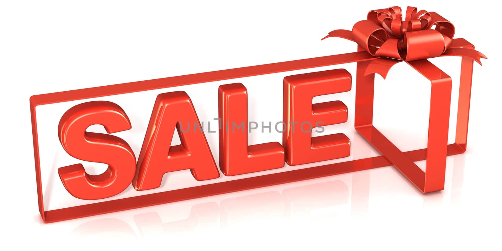 Festive gift ribbon and bow, box shaped with sale sign. 3D rendering isolated on white.