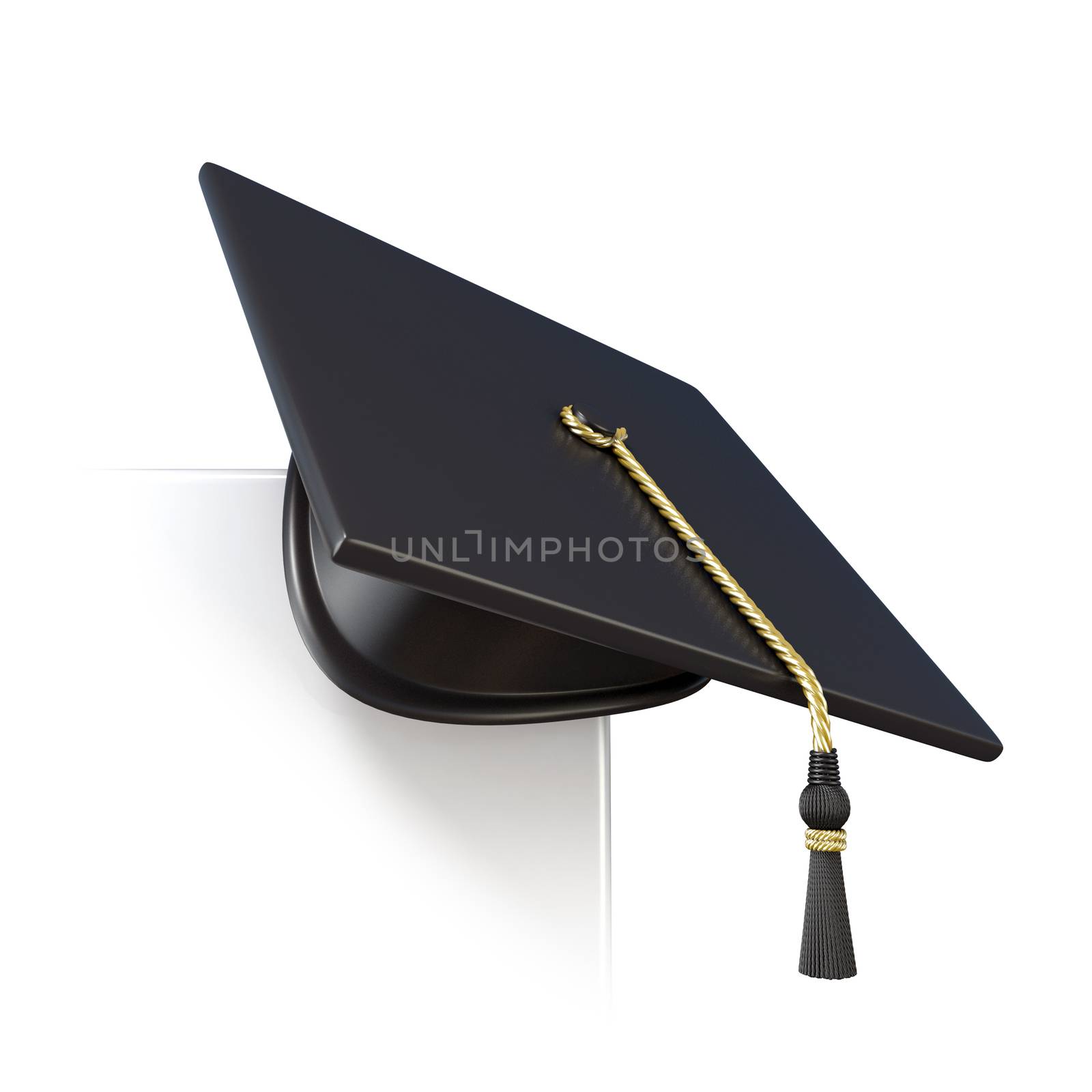 Graduation cap on blank board corner. 3D render illustration isolated on white background